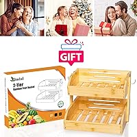 Vista 7 de Canasta de frutas de bambú para cocina–Cuenco de frutas de 2 niveles para encimera de cocina, soporte de frutas grande con 2 colgadores de plátano