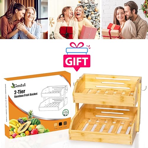 Miniatura 7 de Gmtsl Canasta de frutas de bambú para cocinaCuenco de frutas de 2 niveles para encimera de cocina, soporte de frutas grande con 2 colgadores de