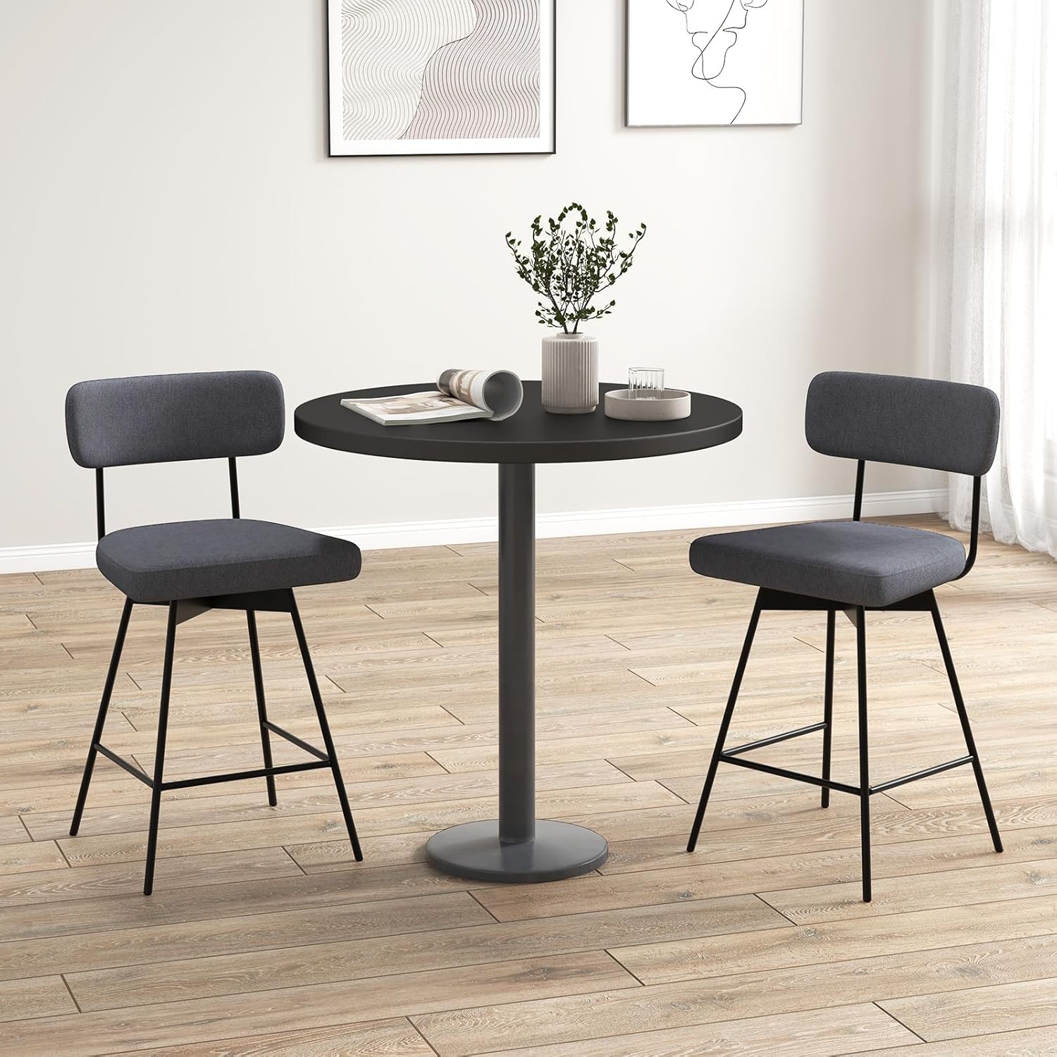 COSTWAY Bar Stools Set of 2, 25” Upholstered Counter Height Bar Stools with Back, 360° Swivel Dining Chairs with Heavy-Duty Metal Legs and Footrests, for Kitchen Island, Dining Room, Bar (2, Grey)