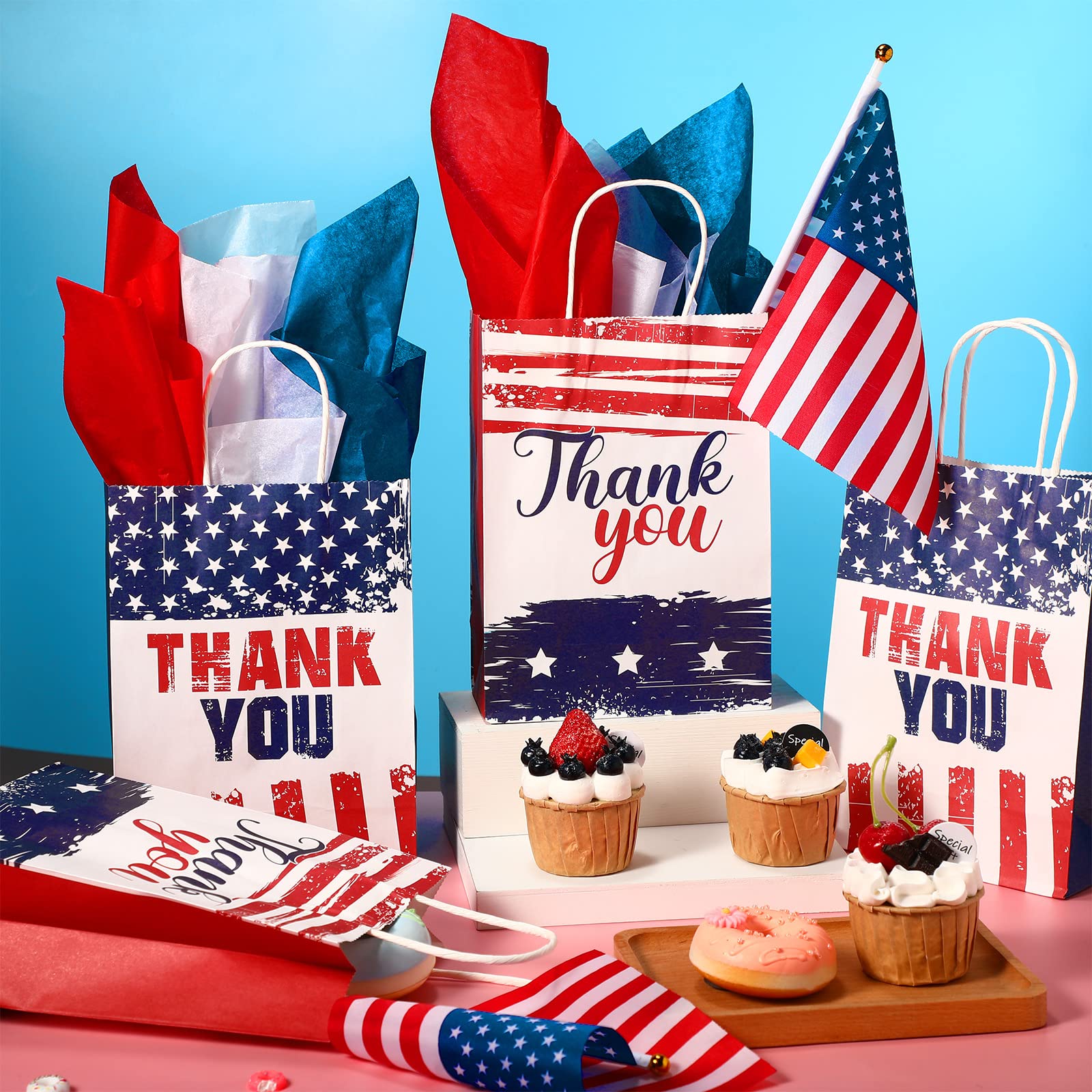 16 Pcs Patriotic Thank You Gift Bags with 18 Red White Blue Tissue Paper American Flag Party Favor USA Paper Treat Goodie Bags with Handle for 4th of July Veterans Memorial Independence Day Party