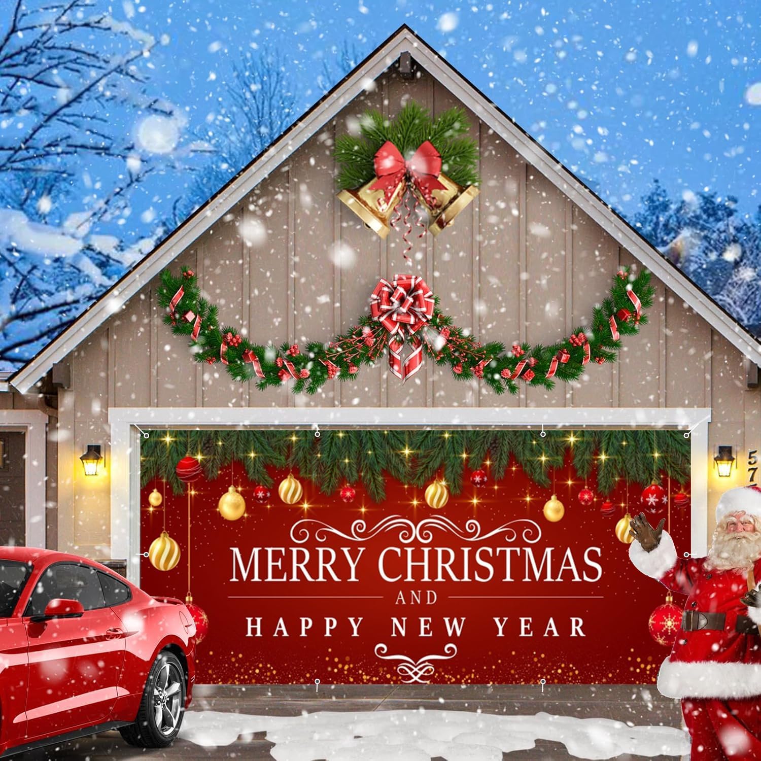 Christmas Garage Door Decorations 7x16ft Large Xmas Holiday Garage Door Banner 2 Car Christmas Garage Door Cover Winter Merry Christmas Happy New Year Party Backdrop Decoration Supplies Outdoor