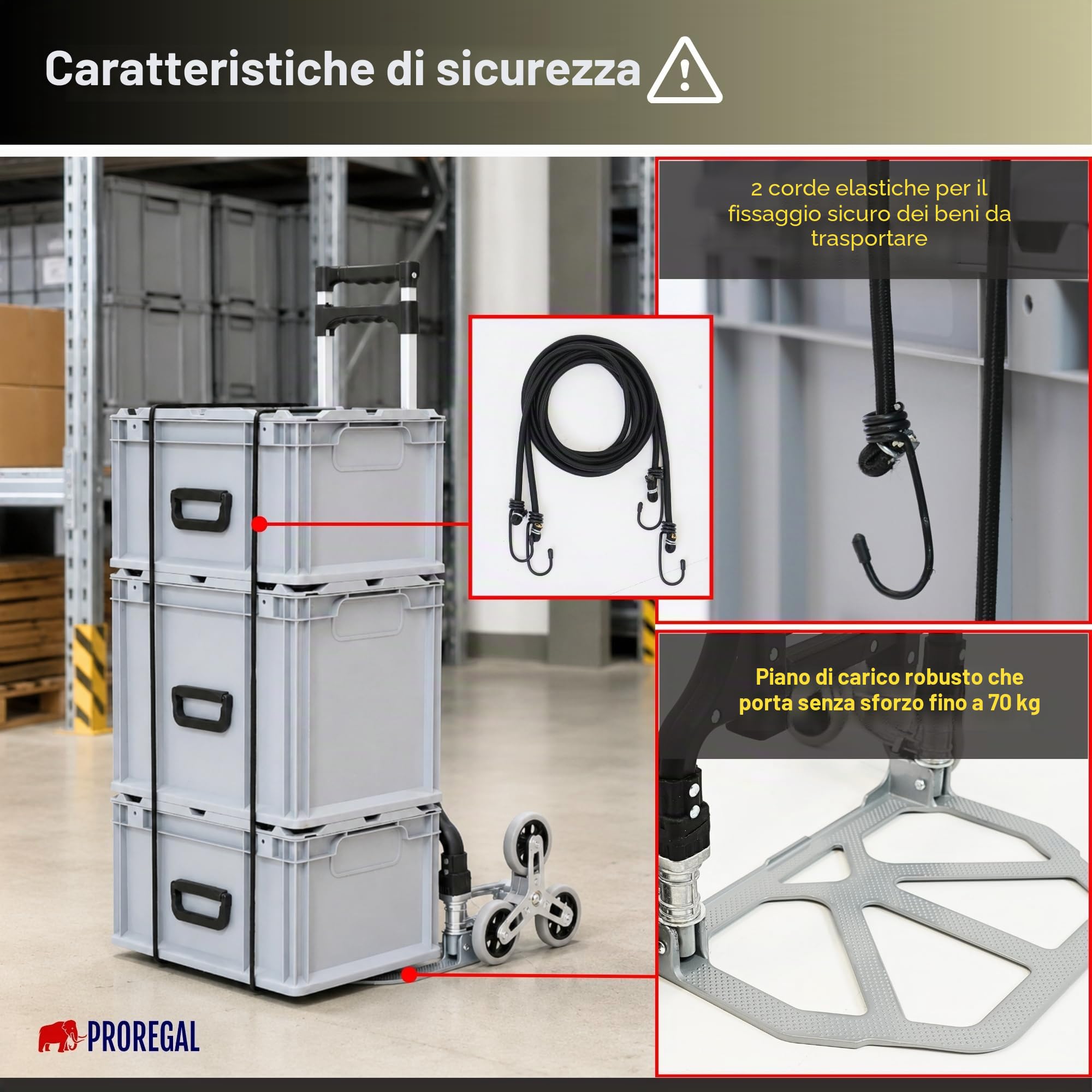PROREGAL Carrello saliscale pieghevole ELEPHANT | AxLxP 110x45x48cm | Portata 70kg | Cornice in alluminio, maniglie ergonomiche, Ruote in gomma dura TPR | Silber