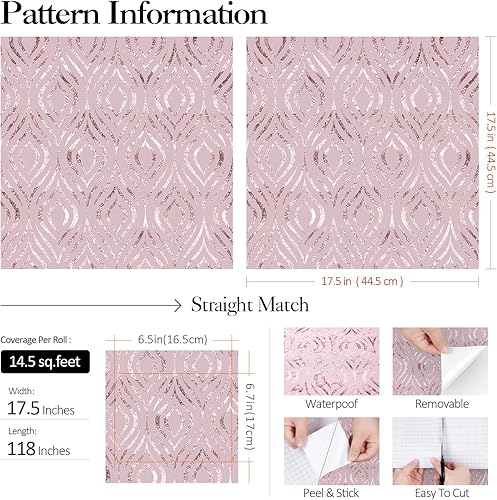 Miniatura 4 de FunStick Papel tapiz de color rosa pastel para despegar y pegar, papel de pared moderno con acento geométrico de diamante para dormitorio,