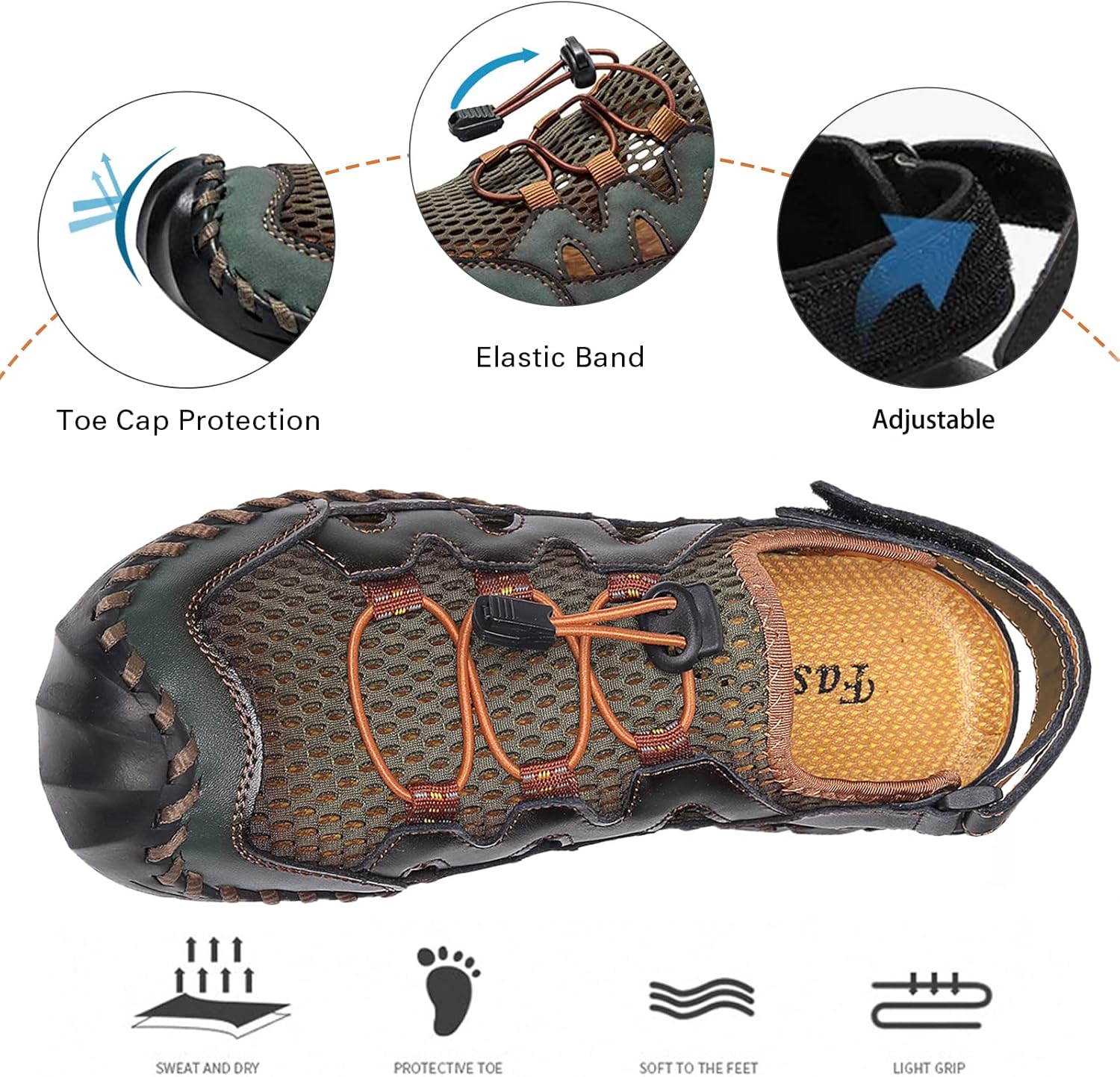 Men's Sandals, Summer Leather Fisherman Beach Shoes Closed Toe Sandals for Men Handmade Breathable Water Sandals Outdoor Non Slip Walking Shoes Anti Collision Comfort Hiking Athletic Slides Sandals - Image 2