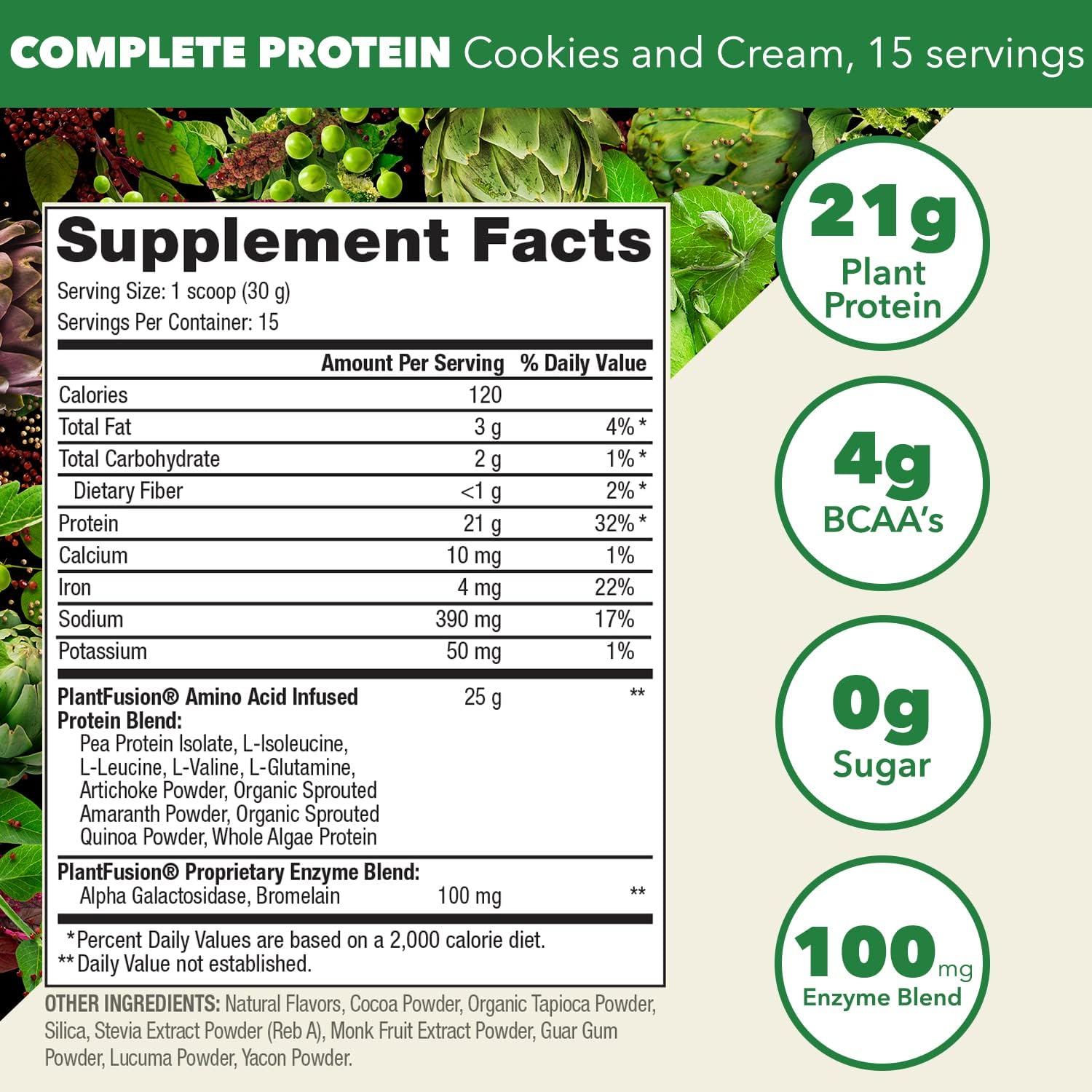 PlantFusion Complete Vegan Protein Powder - Plant Based Protein Powder With BCAAs, Digestive Enzymes and Pea Protein - Keto, Gluten Free, Soy Free, Non-Dairy, No Sugar, Non-GMO - Cookies & Cream 1 lb