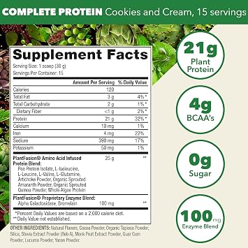 PlantFusion Complete Vegan Protein Powder - Plant Based Protein Powder With BCAAs, Digestive Enzymes and Pea Protein - Keto, Gluten Free, Soy Free, Non-Dairy, No Sugar, Non-GMO - Cookies & Cream 1 lb