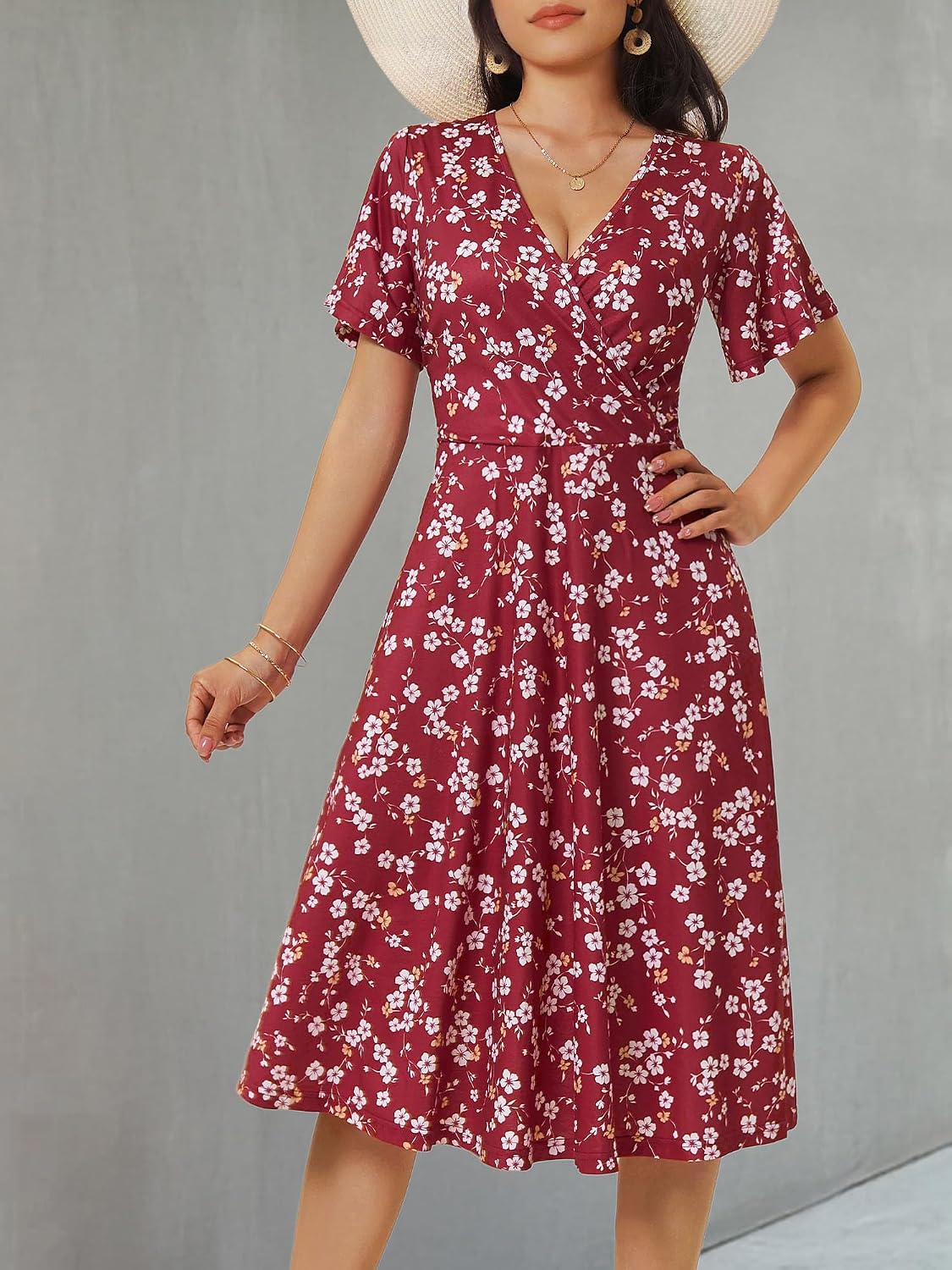 Loemes Women's Spring Floral Short Sleeve Wrap V Neck Casual Sundresses with Pockets Flowy Summer Dresses for Women