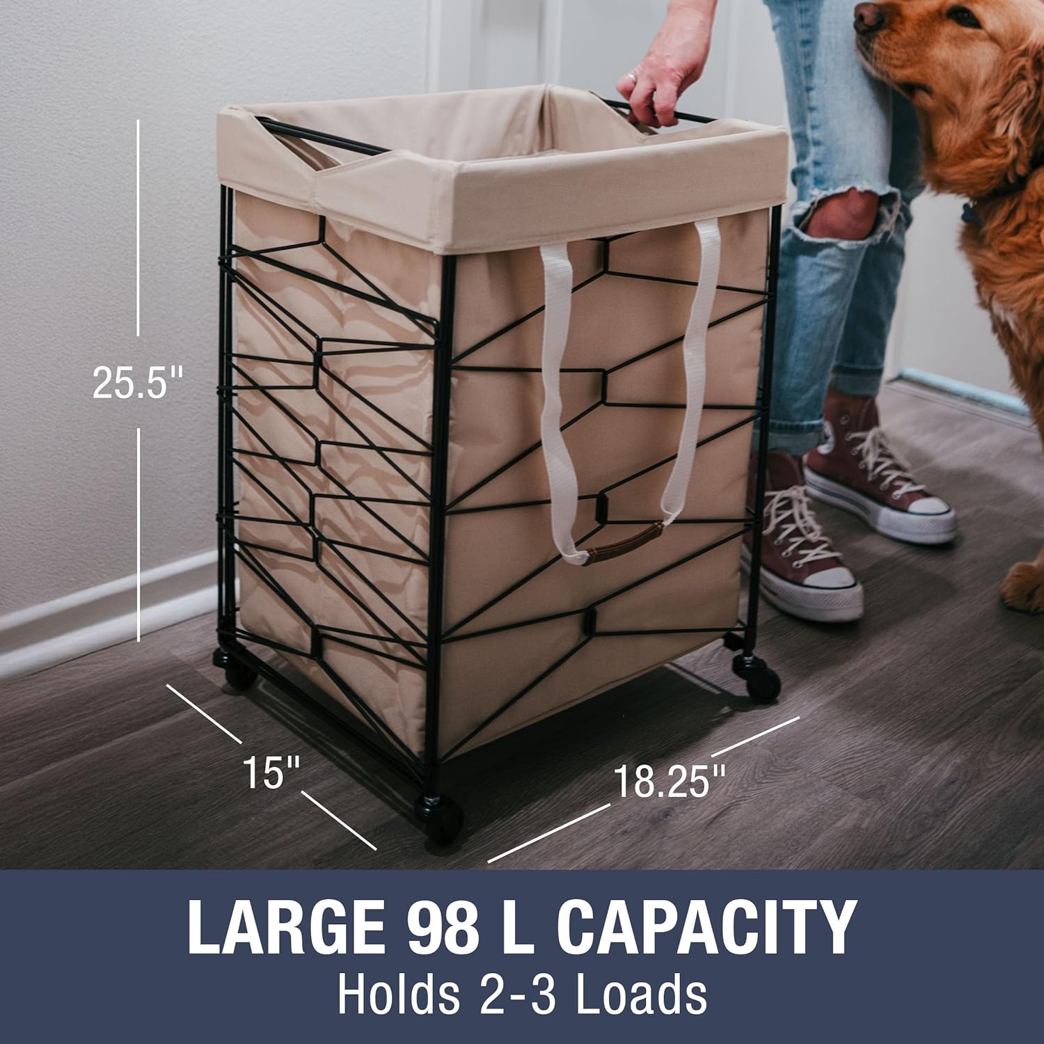 CleverMade Flex Frame Hamper LUXE – 98L Wheeled Laundry Hamper with Removable Liner, Rolling Steel Frame, Collapsible Design, 40 lb Capacity, Large Modern Clothes Hamper - Charcoal