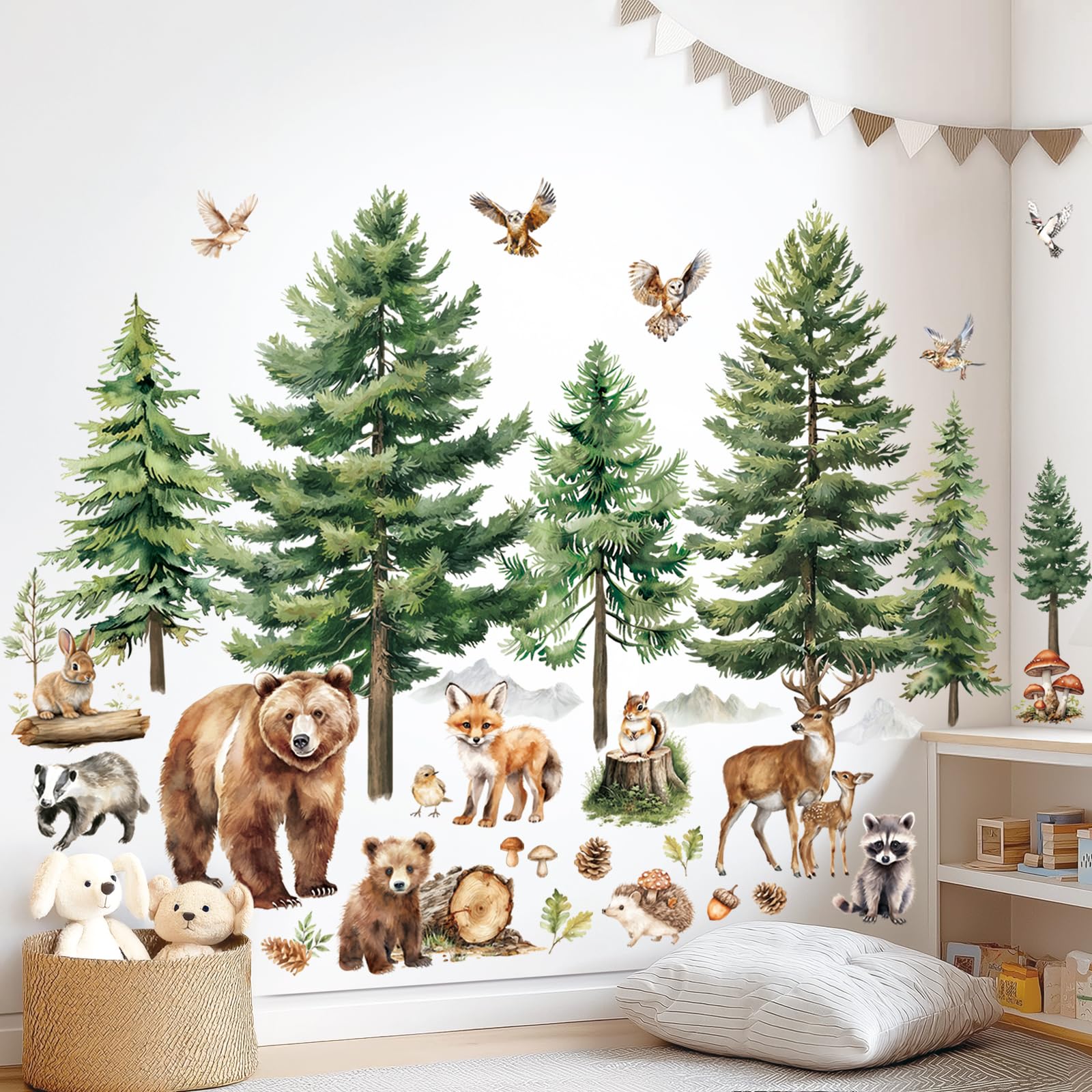Decowall Large Pine Tree B Woodland Forest Animals Wall Stickers – Watercolour Bear, Deer & Fox Tree Decals For Kids Nursery, Bedroom & Playroom Décor (Sg4-2520)