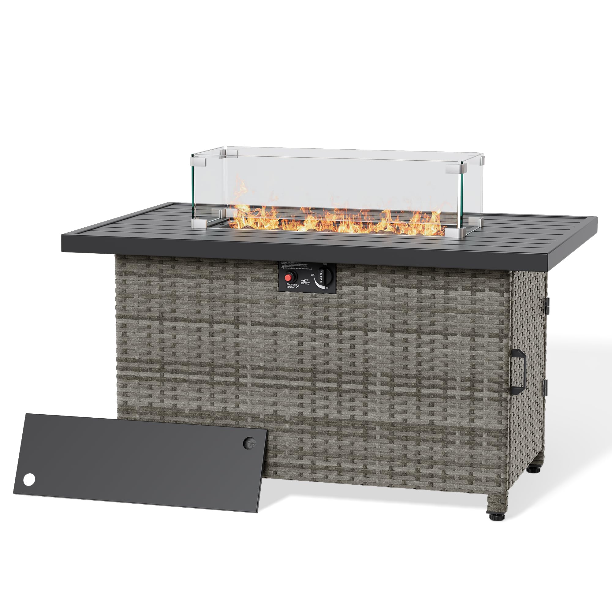 LHBcraft 44 Inch Propane Fire Pit, 50000 BTU Fire Pit Table with Glass Wind Guard and Lid, Gas Fire Pits for Outside Patio and Garden(Grey)