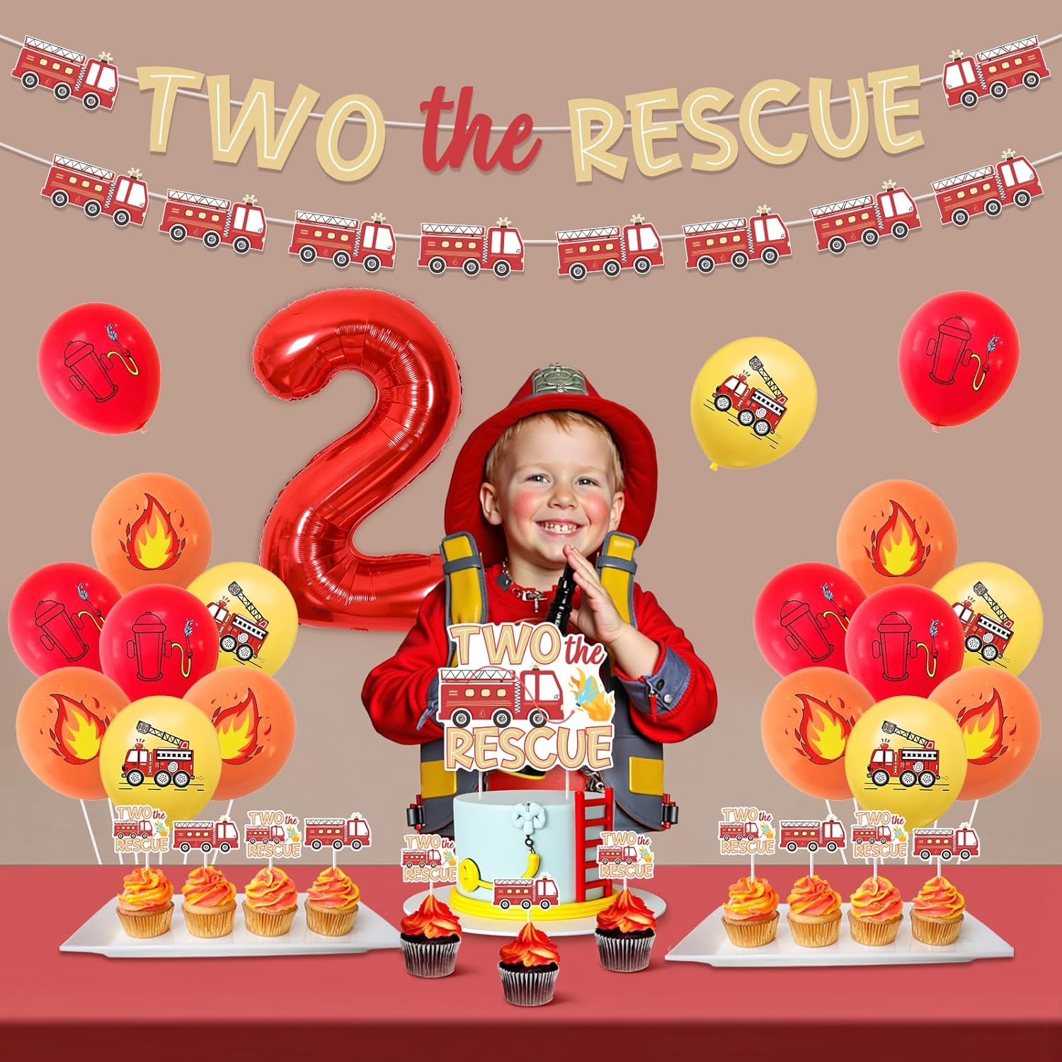 Fire Truck 2nd Birthday Decorations Two The Rescue Birthday Decor Balloon Banner Fire Truck Birthday Cake Topper Emergency Vehicle Transportation Bday Supplies for Boy Second Bday