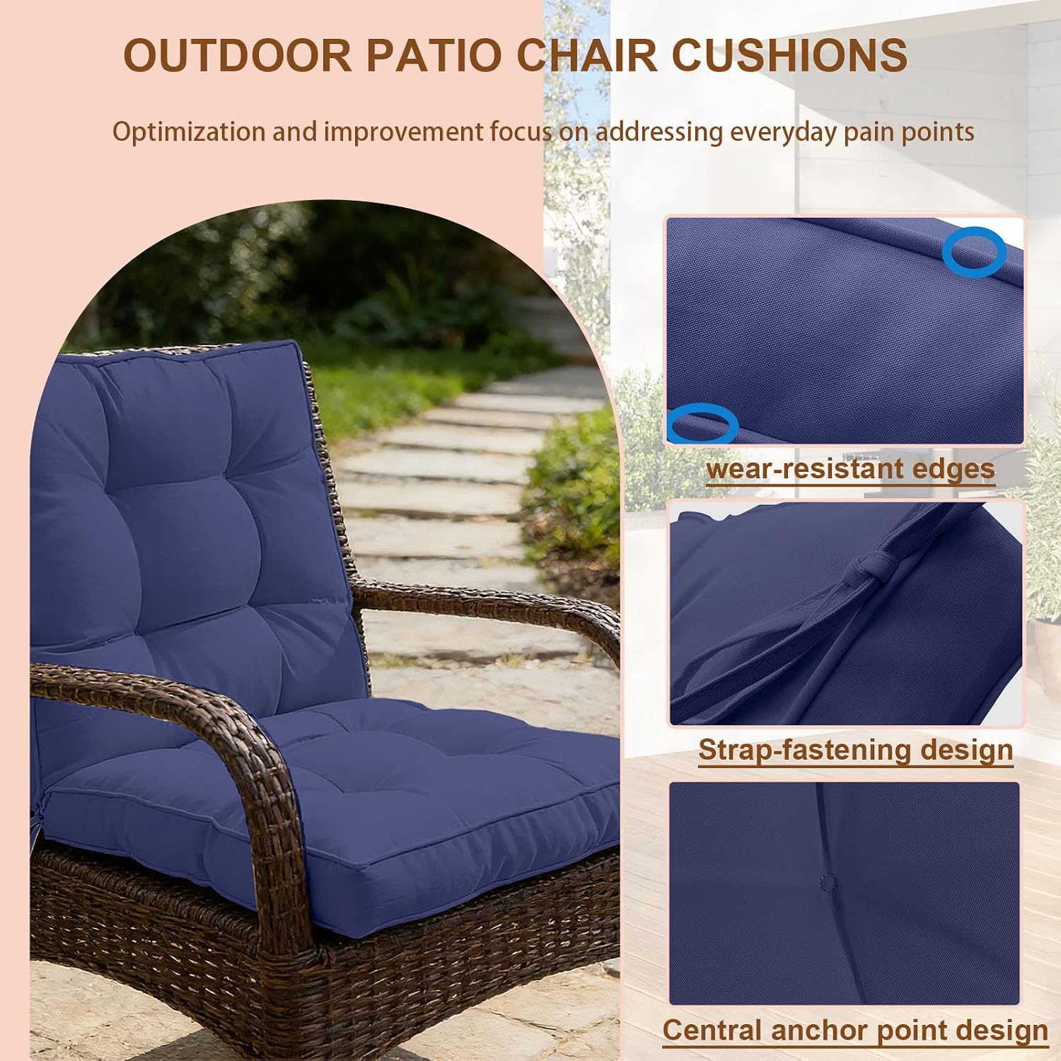 2 Piece Outdoor Patio Chair Cushions, Fade Resistant Outdoor Cushions for Patio Furniture, 6 inch Thickened Rocking Chair Cushions Set (Blue, 24x24x6 inch - 2 Pieces)