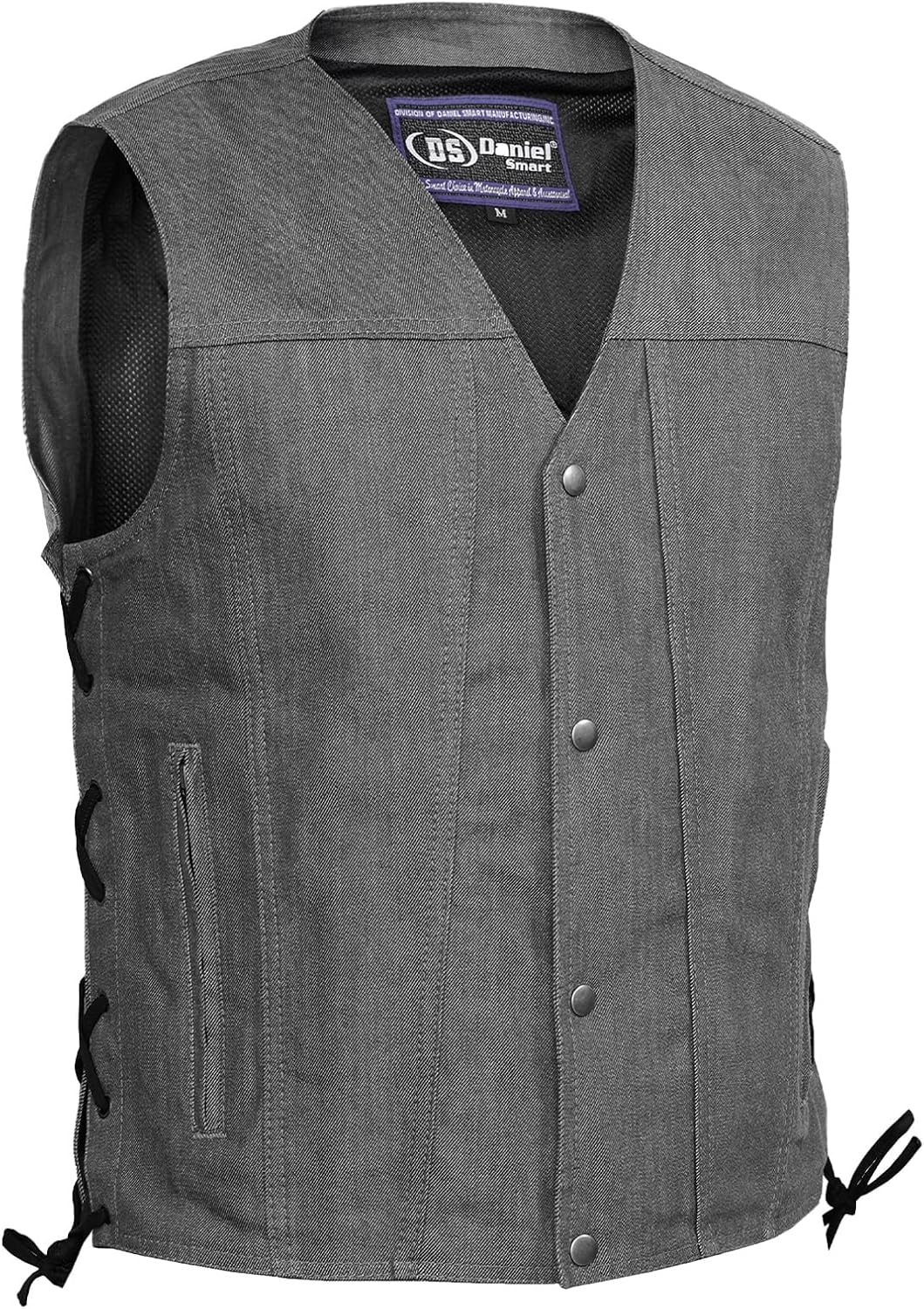 Daniel Smart Biker Vest for Men Motorcycle Blue & Black Denim Vest with Side Laces and Inside Carry Pocket