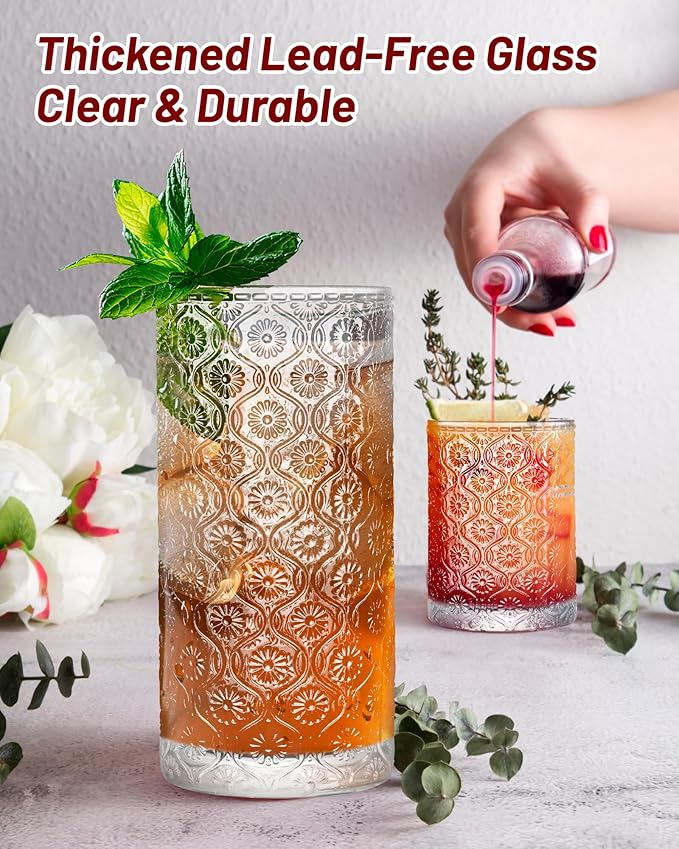 Set de 8 Vasos Vintage con Patrón Girasol, 14 oz y 10 oz miniatura 3