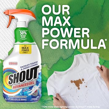 SHOUT Advanced Laundry Stain Remover Gel for Clothes Laundry, Breaks Down Stubborn, Dried-in, and Tough Stains, 22oz Spray (Packaging May Vary)