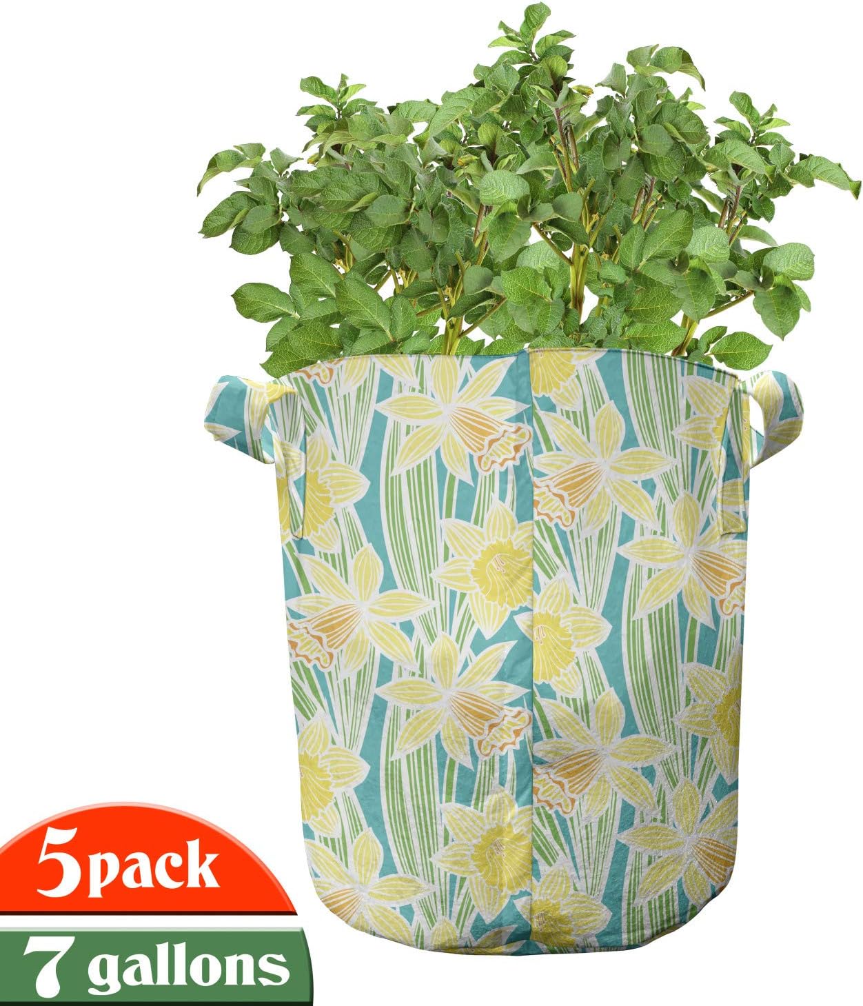 Lunarable Floral Grow Bags 5-Pack, Blooming Daffodils Foliage, Heavyduty Fabric Pots with Handles for Plants, 7 Gallon, Multicolor