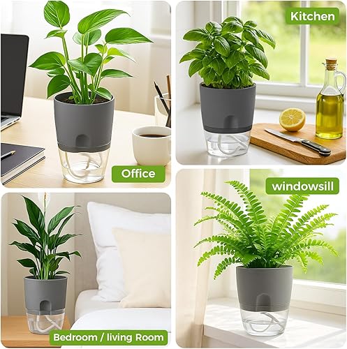 Miniatura 8 de Macetas de riego automático para plantas de interior, exterior, paquete de 5 macetas de riego automático de 4 pulgadas, macetas con piedras