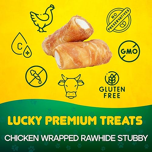 Miniatura 10 de Lucky Premium Treats Golosinas de cuero crudo envueltas en pollo, golosinas naturales de carne de res y pollo para perros, golosinas grandes de