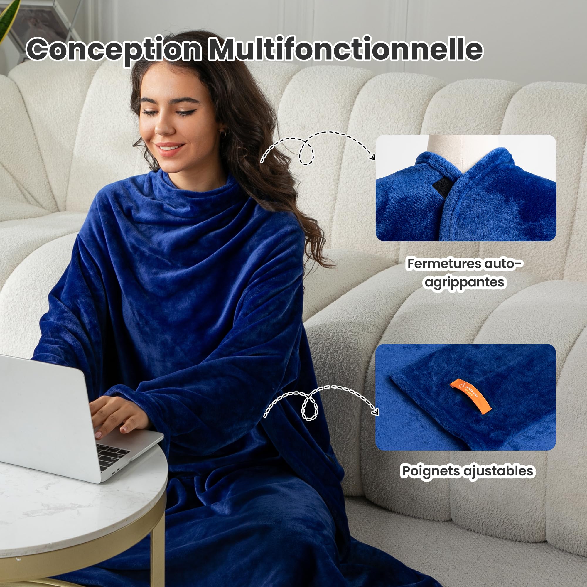 Winthome Plaid à Manche - Couverture avec Manches Douce et Chaude, Blanket Polaire avec Velcro, pour Cadeau, Noel, Femme, Homme, Économisez sur Les Coûts de Chauffage (Bleu Foncé, 140x180cm)