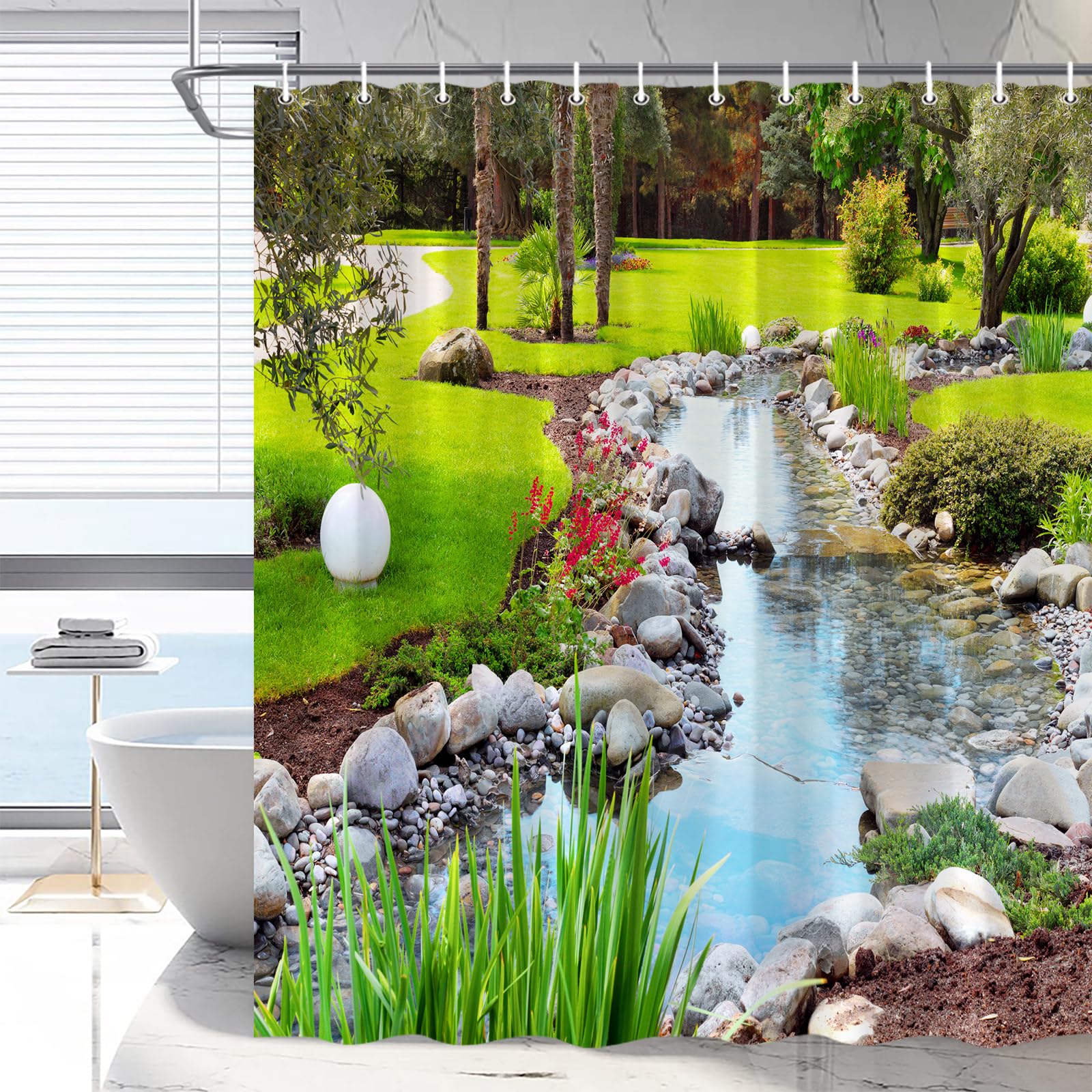 RDRUVA Spring Garden Shower Curtain Green Plants Colorful Floral Bathroom Curtains Nature Scenery Rustic Flowers Stream Country Landscape Bathtub