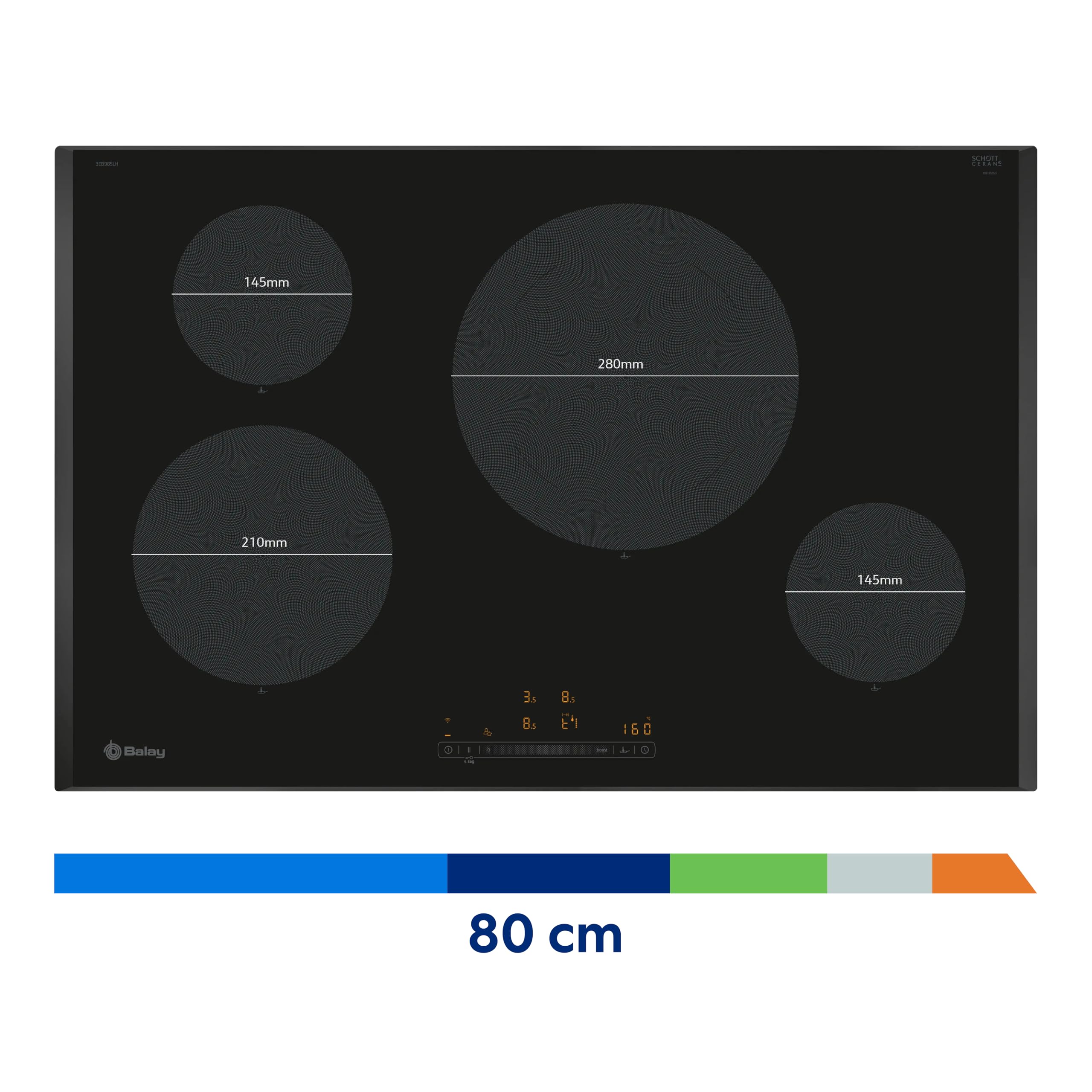 Balay - Placa de Inducción, 80 cm de ancho, 4 zonas l Lanzamiento 2024, 11 Niveles, Zona de 28 cm, Negro, 3EB985LH