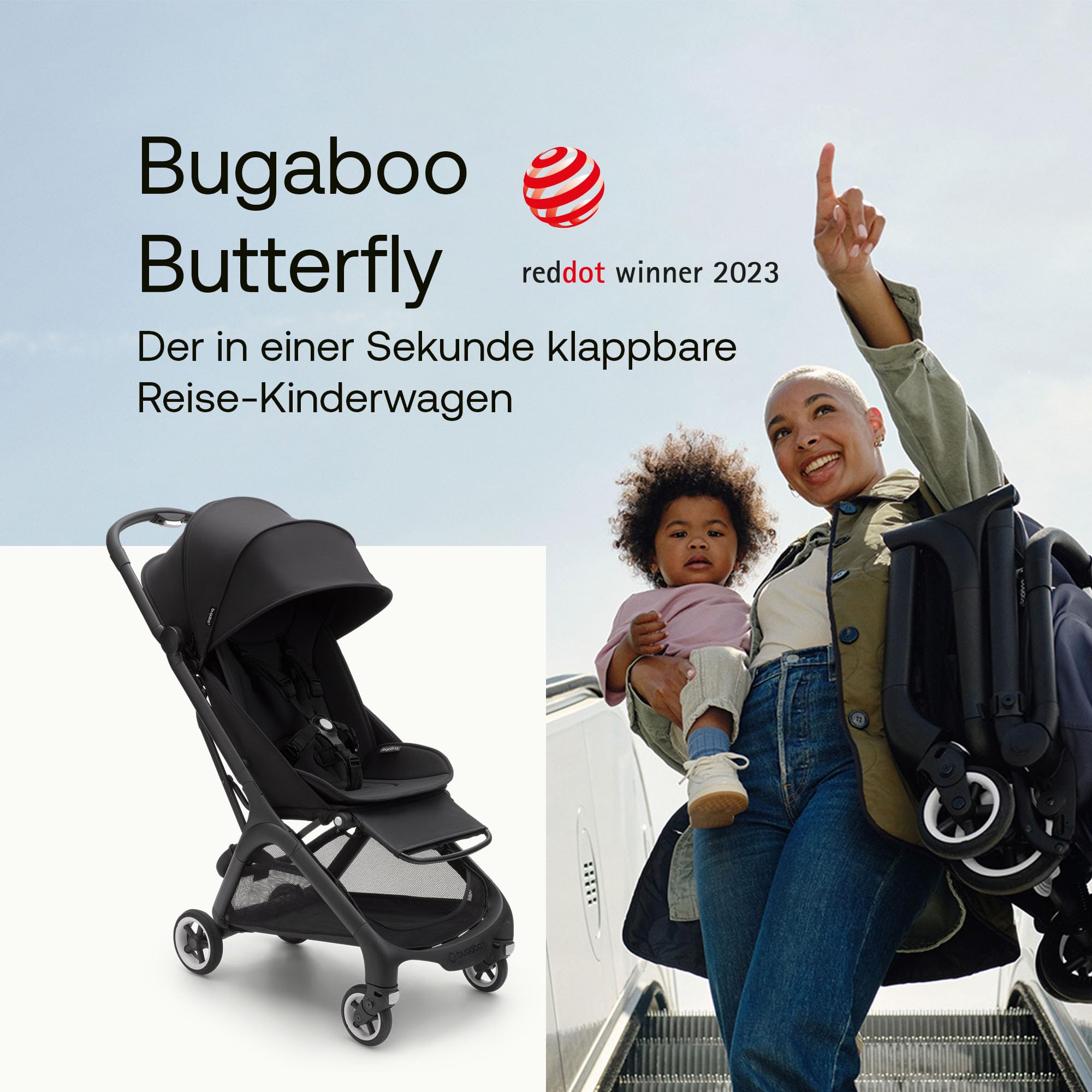 Bugaboo Butterfly Ultra Compact Reisebuggy, leicht, in einer Sekunde zusammenklappbar, sehr geräumiger Stadtbuggy für Babys und Kleinkinder, handlich und bequem, Nacht schwarz