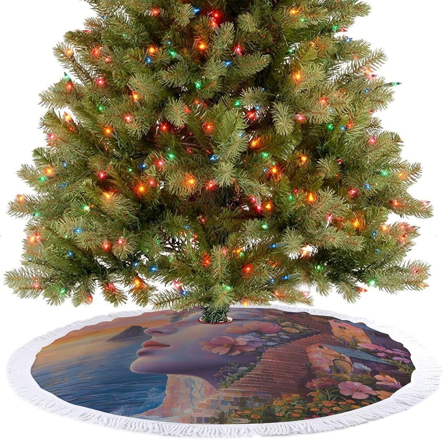 Beach Womans Face House Christmas Tree Skirt Round Xmas Tree Mat Ornaments Tree Skirts with Tassels for Holiday Party