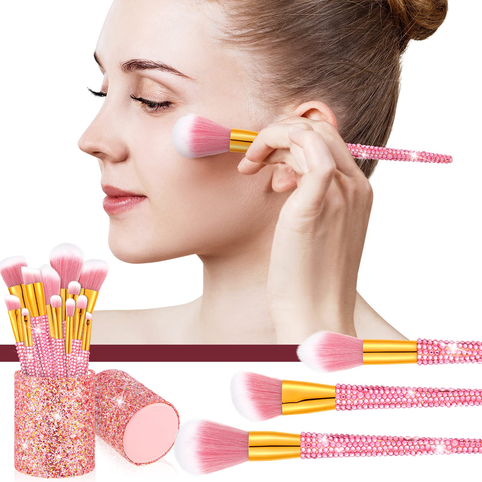 Rtteri 13 Pcs Rhinestone Makeup Brushes Set Yellow Bling Crystal Professional Face Cosmetics Blending Liquid Foundation Powder Concealer Eye Shadows Make up Beauty Tool Glitter with Holder