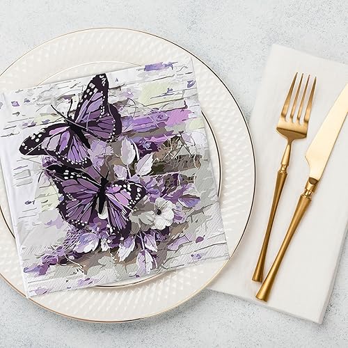 Miniatura 6 de AnyDesign 80 servilletas de papel de mariposa desechables de mariposas moradas, servilletas de almuerzo, estilo pintura al óleo, postre y cena,