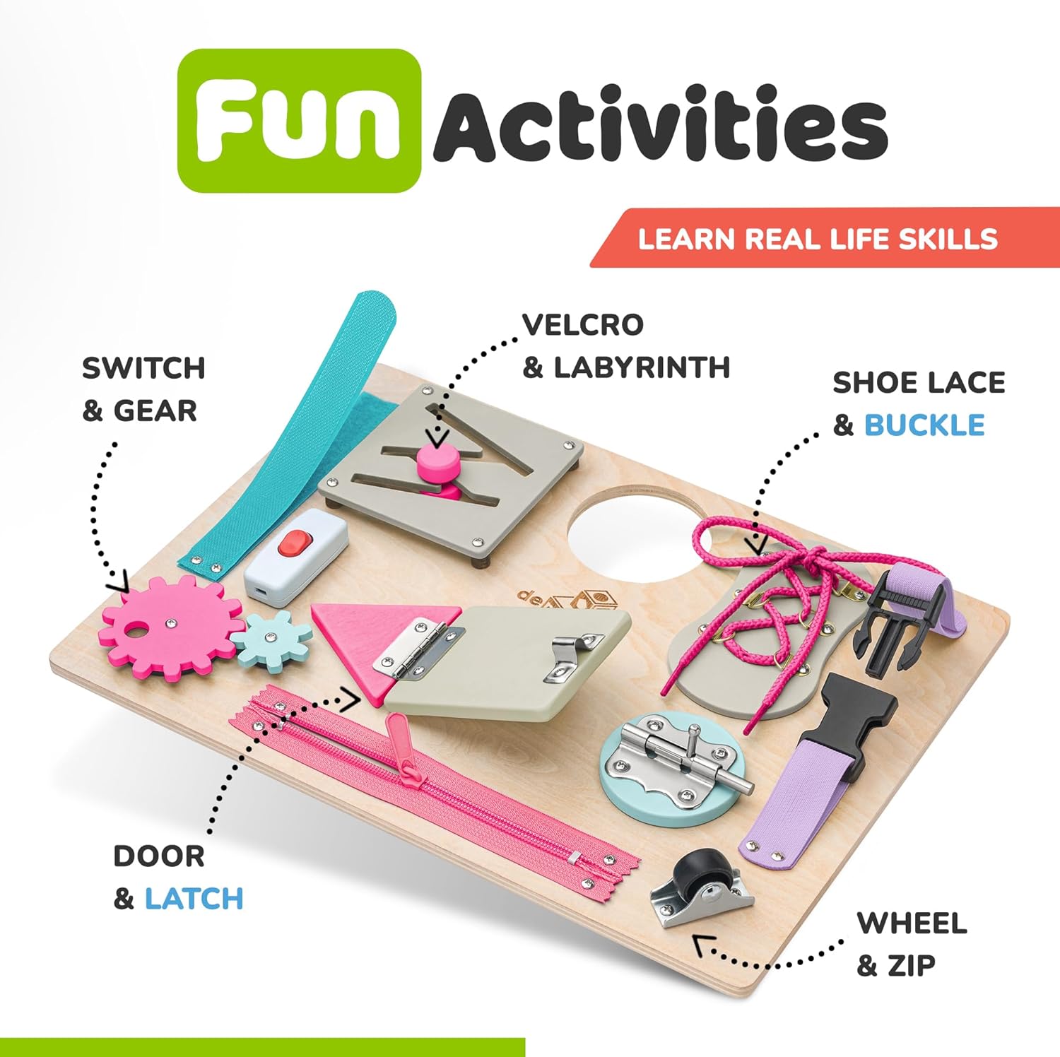 deMoca Montessori Educational Bundle - Toddler Busy Board with 10 Activities and Quiet Book with 9 Sensory Pages