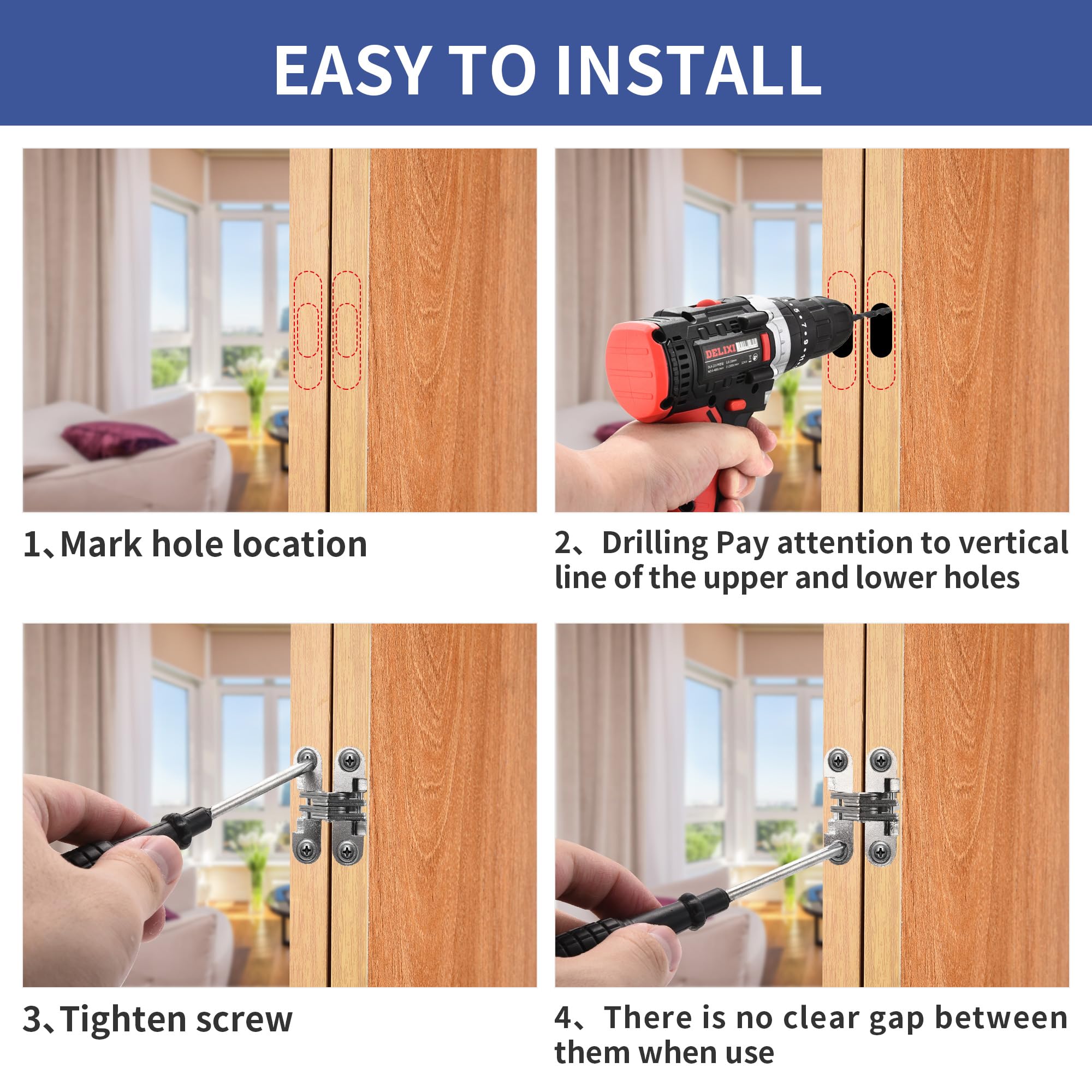 Lpraer 6 Packs Hidden Door Hinges Invisible 180 Degree Cross Hinge for Doors Kitchen Cabinet Hinges Concealed,Stainless Steel - Image 2