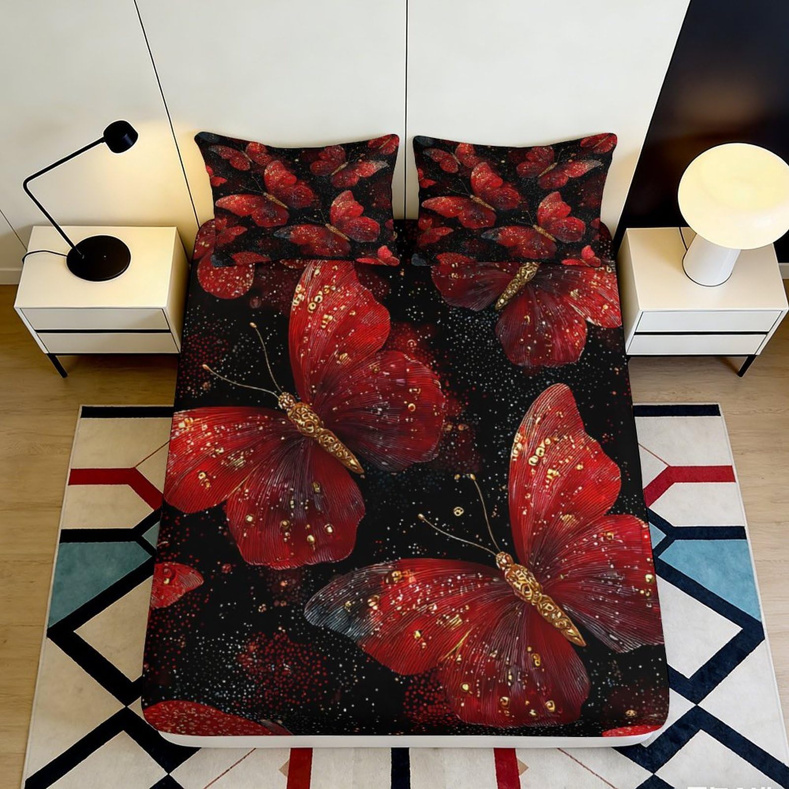 3D Printed Red Butterfly Fitted Sheet Microfiber Soft Breathable Sparkling Pattern Bed Cover for Bedroom Dormitory Guest Room Mattress Protection 200x200x25cm