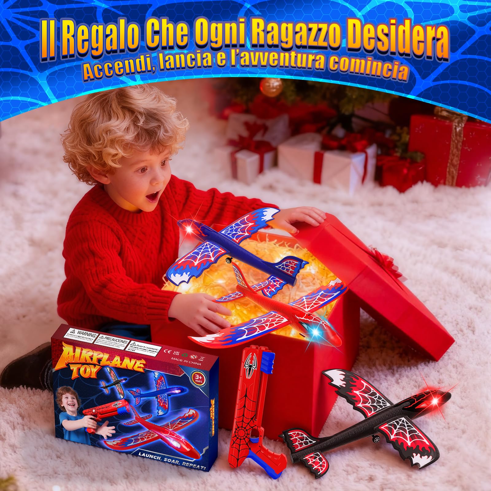 Aereo Giocattolo Lanciatore con 3 Aerei in Polistirolo, Occhi Luminosi e Ali Ragnatela Stile S-pider,Giocattolo da Esterno Bambini 3 4 5 6 7 8 9 Anni,Regalo Bambini 3-12 Anni Maschio Compleanno Natale