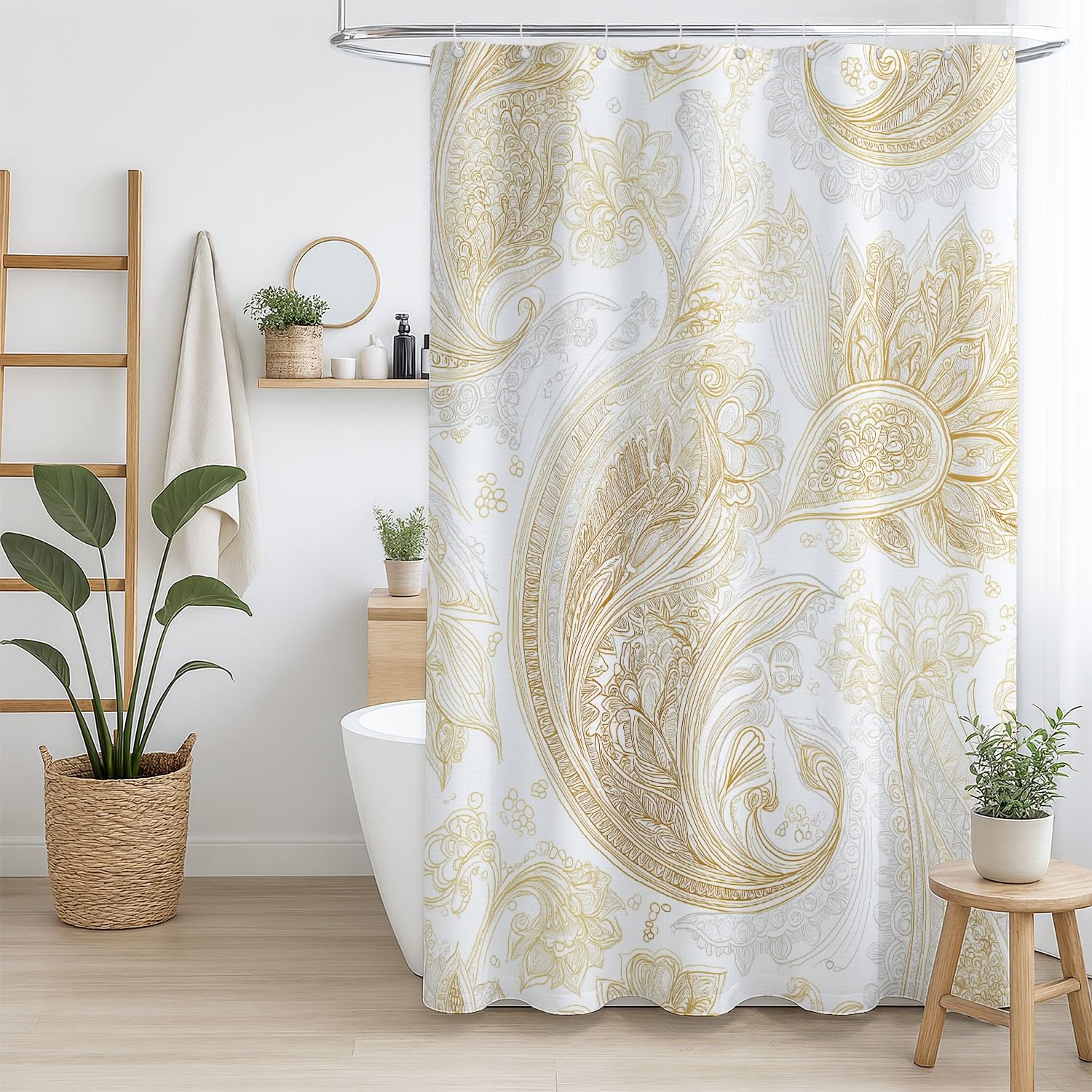 Generico Moderno Tenda Da Doccia Lusso Fantasia paisley Beige Bianco, Tenda Da Doccia Per Bagno, Vasca Da Bagno, Tenda In Poliestere Impermeabile Con Ganci In Plastica, 180 x 200 cm