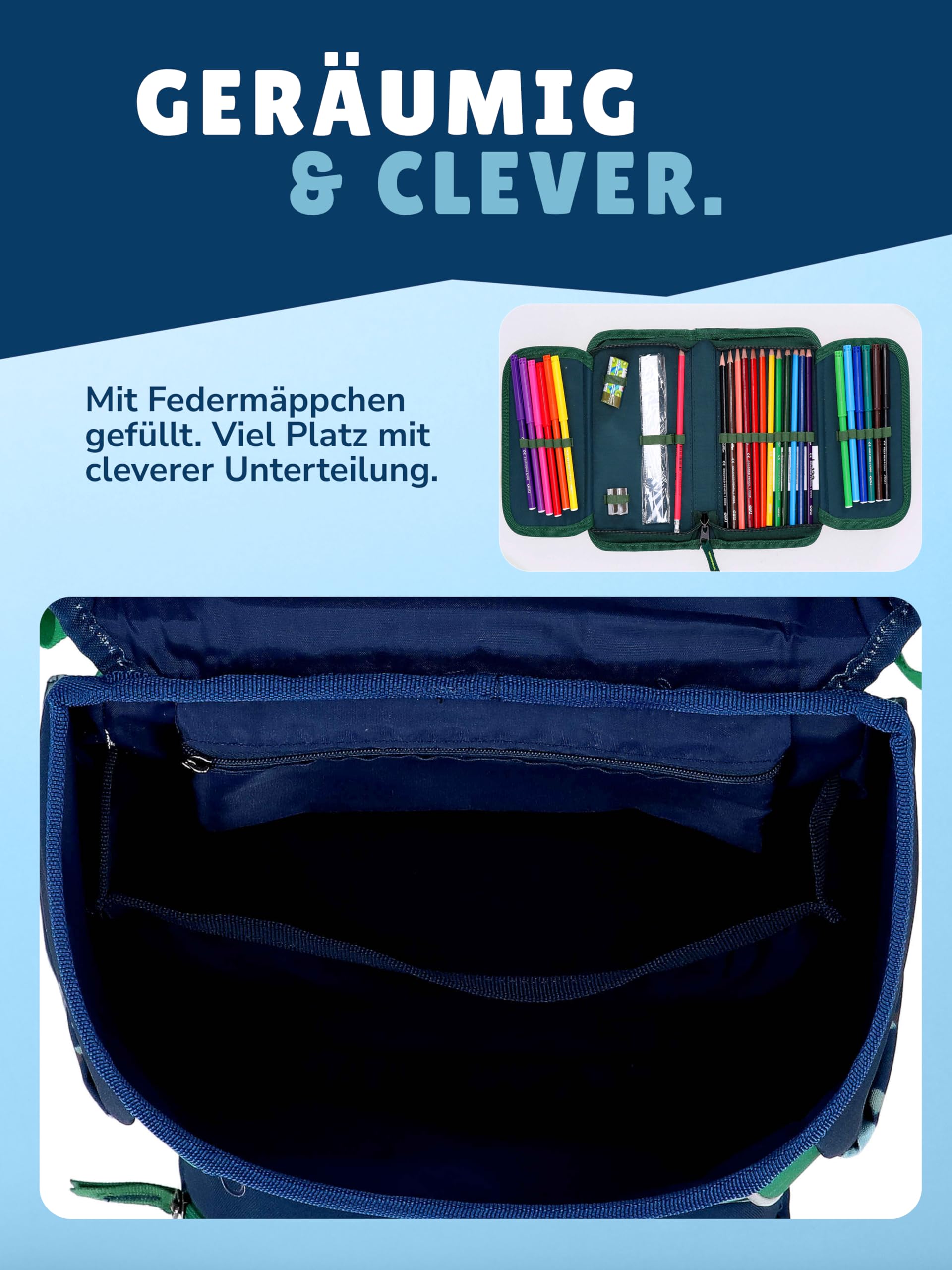 Familando - Ergo Premium Schulranzen Set - 5-teilig mit Federmappe - Traktor Blau Grün - Ergonomisch, stabil & mit verstellbarem Rückenpolster - 1000g - 20L Volumen - Mit Reflektoren - ab 1. Klasse