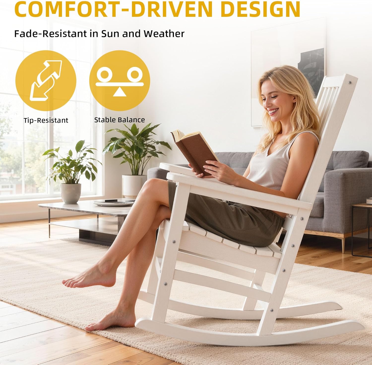 DWVO Outdoor Rocking Chair, Patio Rocker with Windsor Backrest & Wide Armrests, HDPE Patio Chair, 30° Rocking Motion, Outdoor Rocker for Porch, Balcony, Garden Seating, White