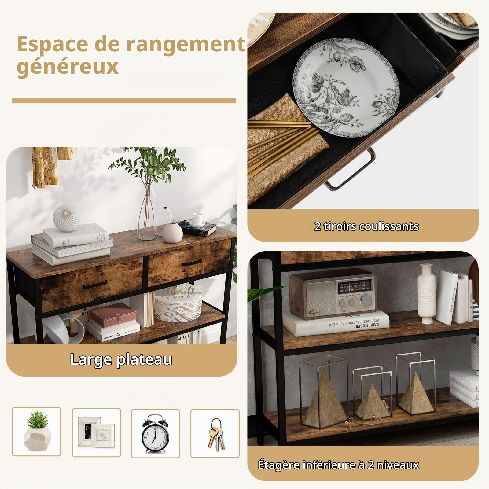 GOPLUS Table Console Industrielle avec 2 Tiroirs Amovibles et Pliables, Cadre Métallique, Anti-Basculement, Table d'Entrée à 3 Niveaux pour Salon, Couloir, Chambre,100X30X80 CM, Marron Rustique