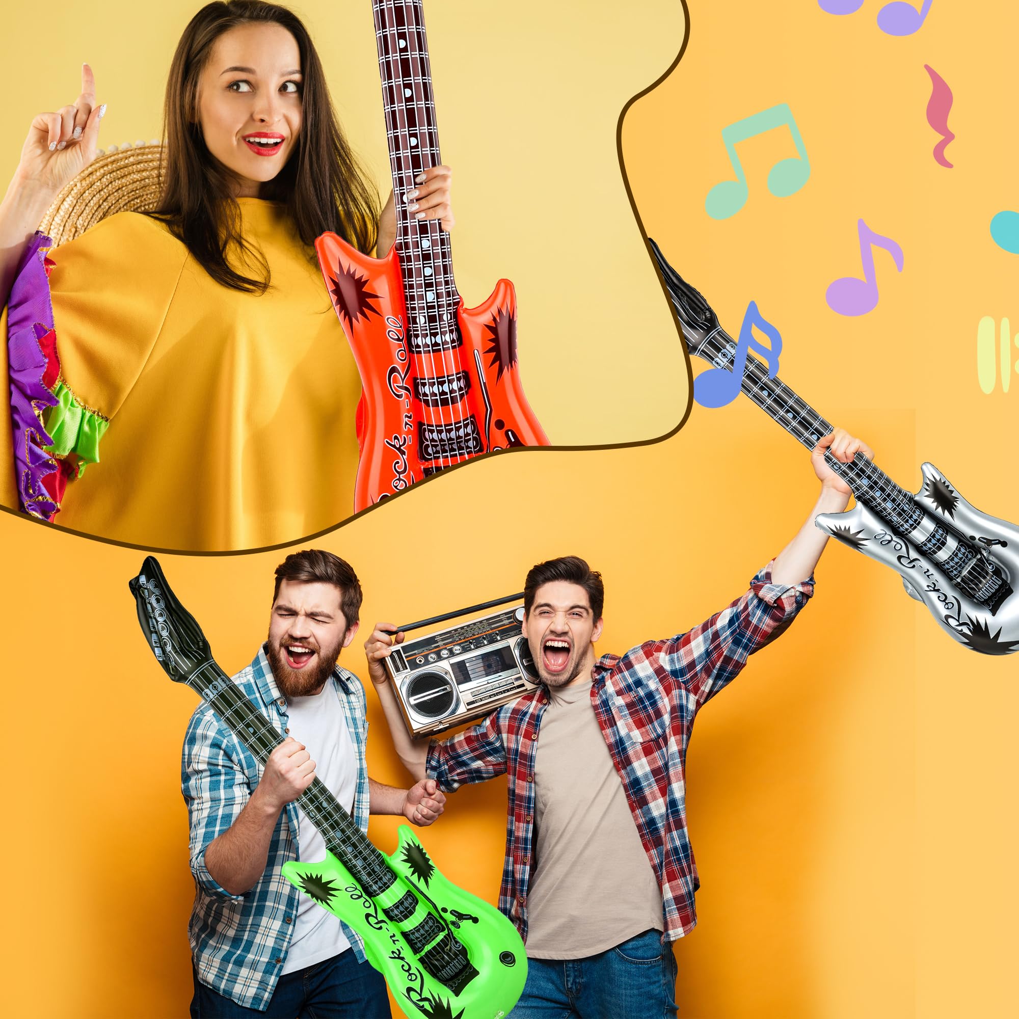 Paquete de 38 juguetes inflables de estrella de rock, incluye 18 piezas de guitarra inflable y 18 micrófonos inflables a granel y 2 bombas de aire para fiesta temática de conciertos musicales 6