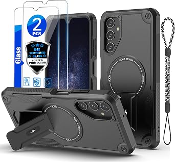 for Samsung Galaxy A05S case[Compatible with MagSafe][with 2 * 9H Tempered Glass Screen Protector], Built in Invisible Stand, Not Fading,Shockproof Protective Phone Cover 6.7-inchBlack