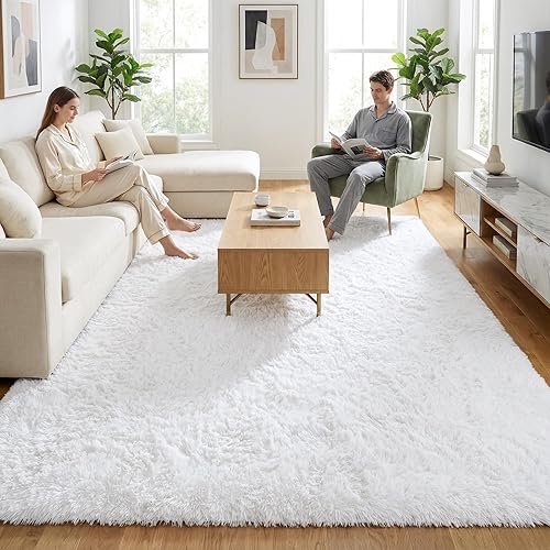 Merelax Soft Modern Indoor Large Shaggy Rug for Livingroom Bedroom Dorm Kids Room Home Decorative, Non-Slip Plush Fluffy Furry Fur Area Rugs Comfy Nursery Accent Floor Carpet 8x10 Feet, White