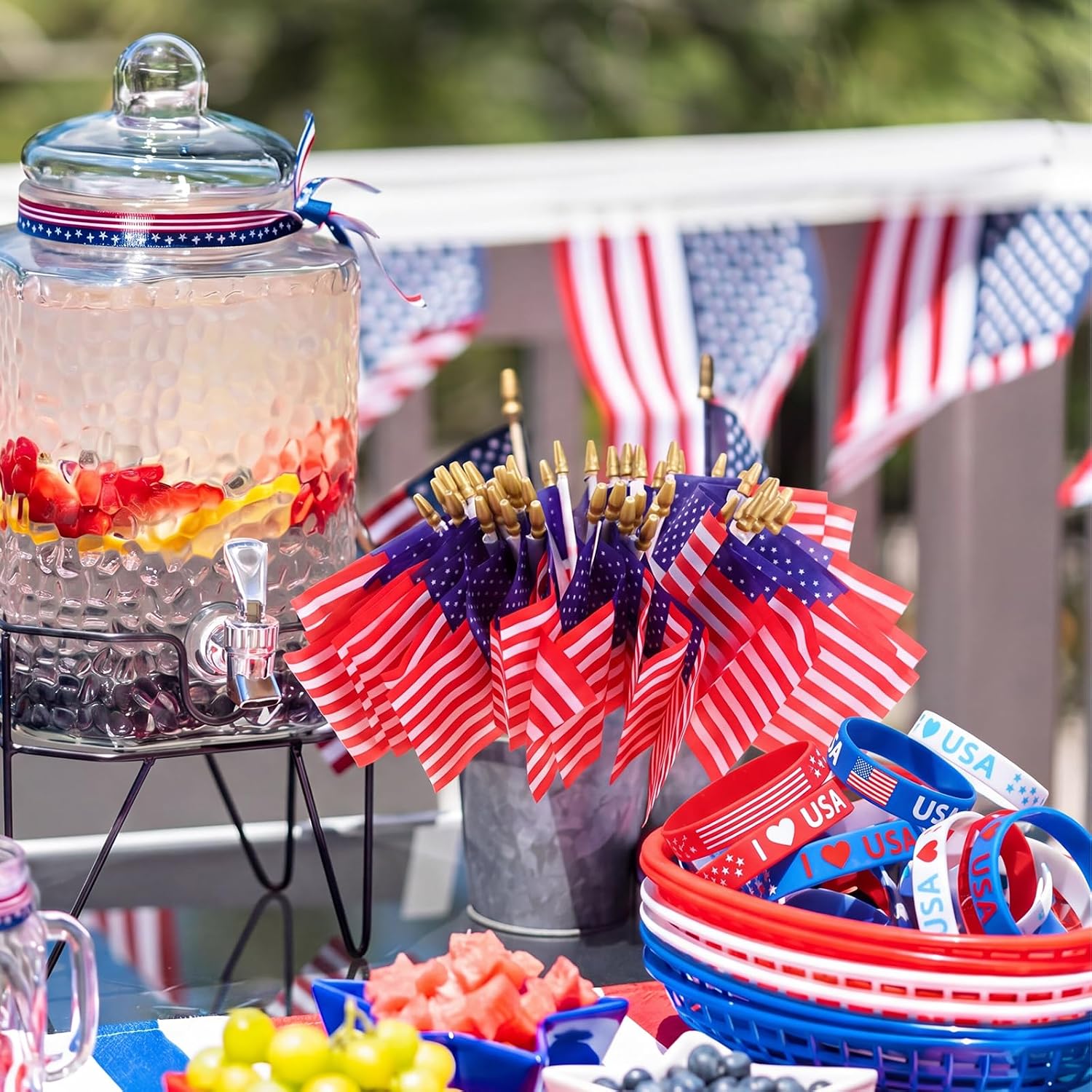 Breling Patriotic Party Favors USA Silicone Bracelet and Small Handheld American Flag on Stick 4th of July Wristbands Accessories for Independence Day Memorial Day 250th Anniversary Decor