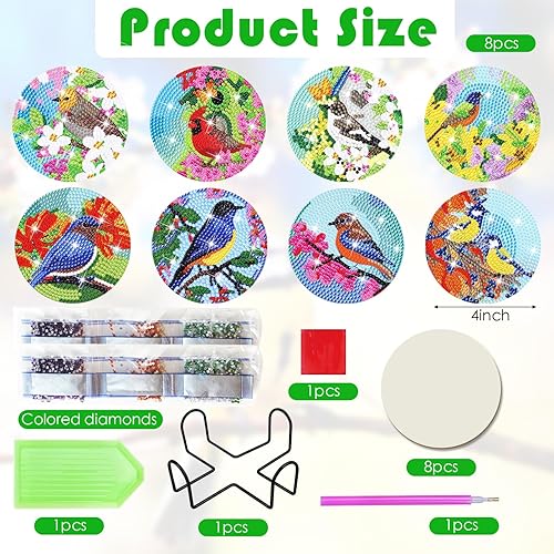 Miniatura 2 de Juego de 8 posavasos de pintura con diamantes para pájaros, con soporte, para manualidades, diseño de pájaros, diamantes, posavasos antideslizantes