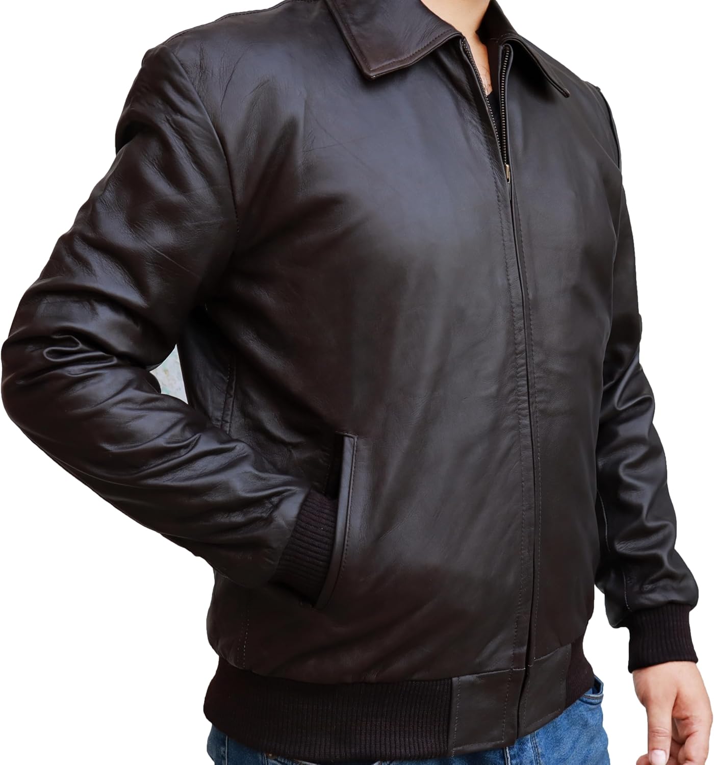 70s Style Classic Bomber Leather Jacket - Mens Vintage Real Lambskin Jacket