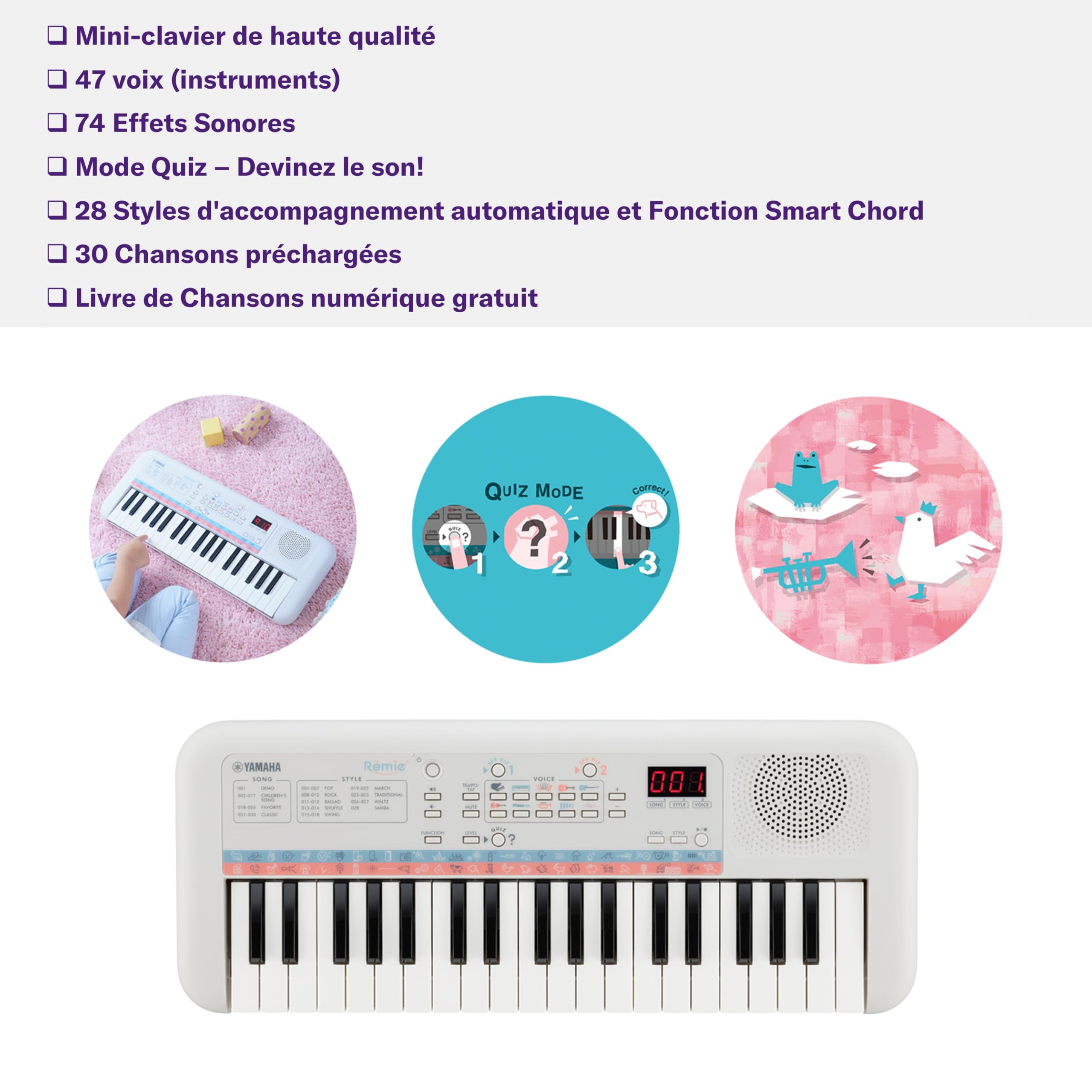 Yamaha Remie PSS-E30 – Clavier Mini Touches – Clavier d'initiation léger et portable pour enfants – Avec sonorités et bruitages intégrés – Blanc