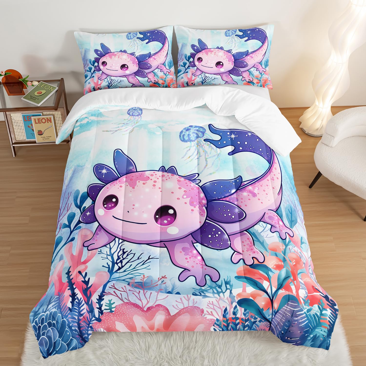 UEVBF Cute Axolotl Bedding Set Twin Size,Color Axolotl Waterweed Jellyfish Pattern Toddler Bed Comforter Set,Kawaii Ocean Life Bedding Sets for Kids Boys Girls Room Decor with 2 Pillowcases.