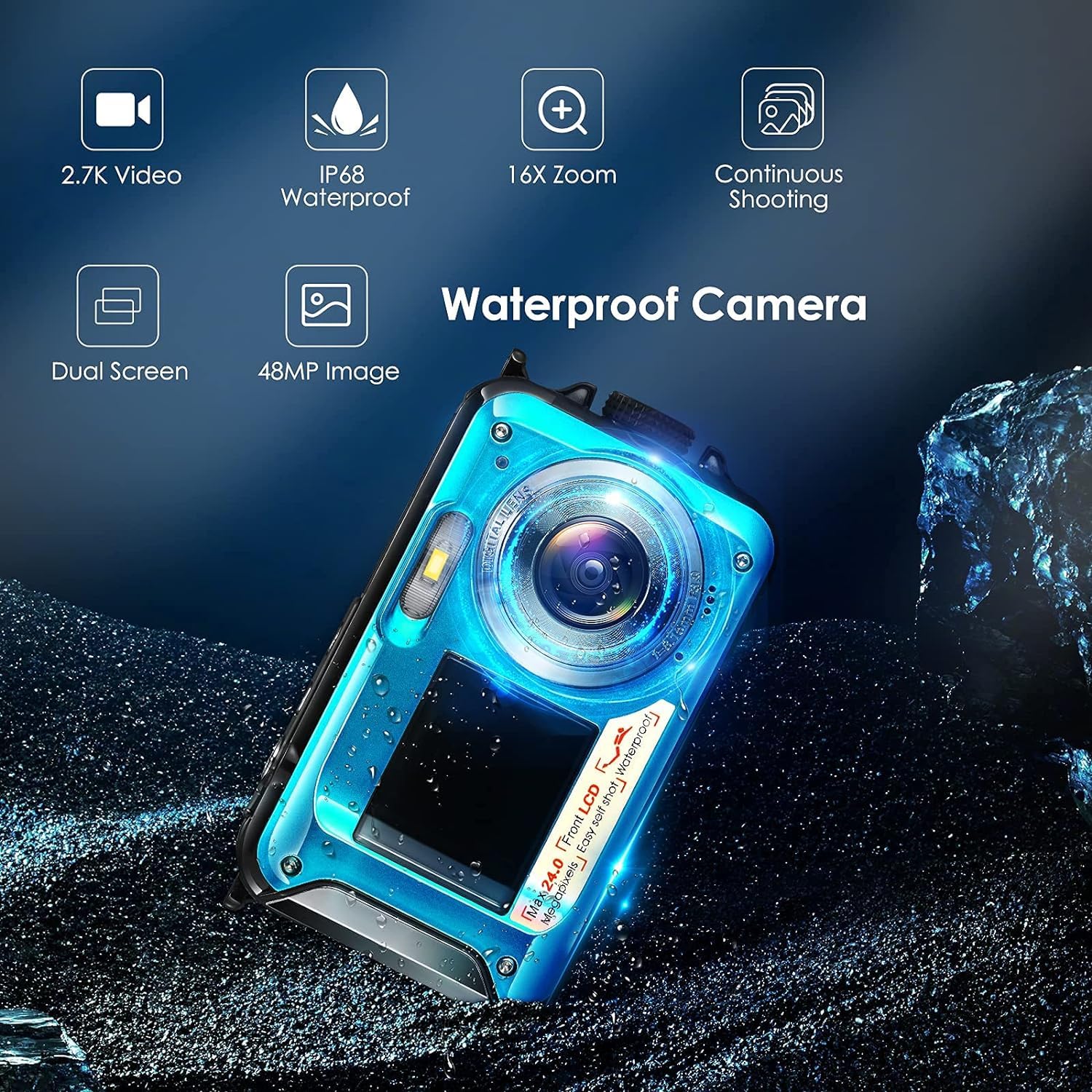 Cámara Digital a Prueba de Agua Full HD 2,7 K 48 MP Cámara Impermeable Digital Marina, Zoom Digital 16 cámaras Impermeables con micrófono LED retardador para Adolescentes Alumnos