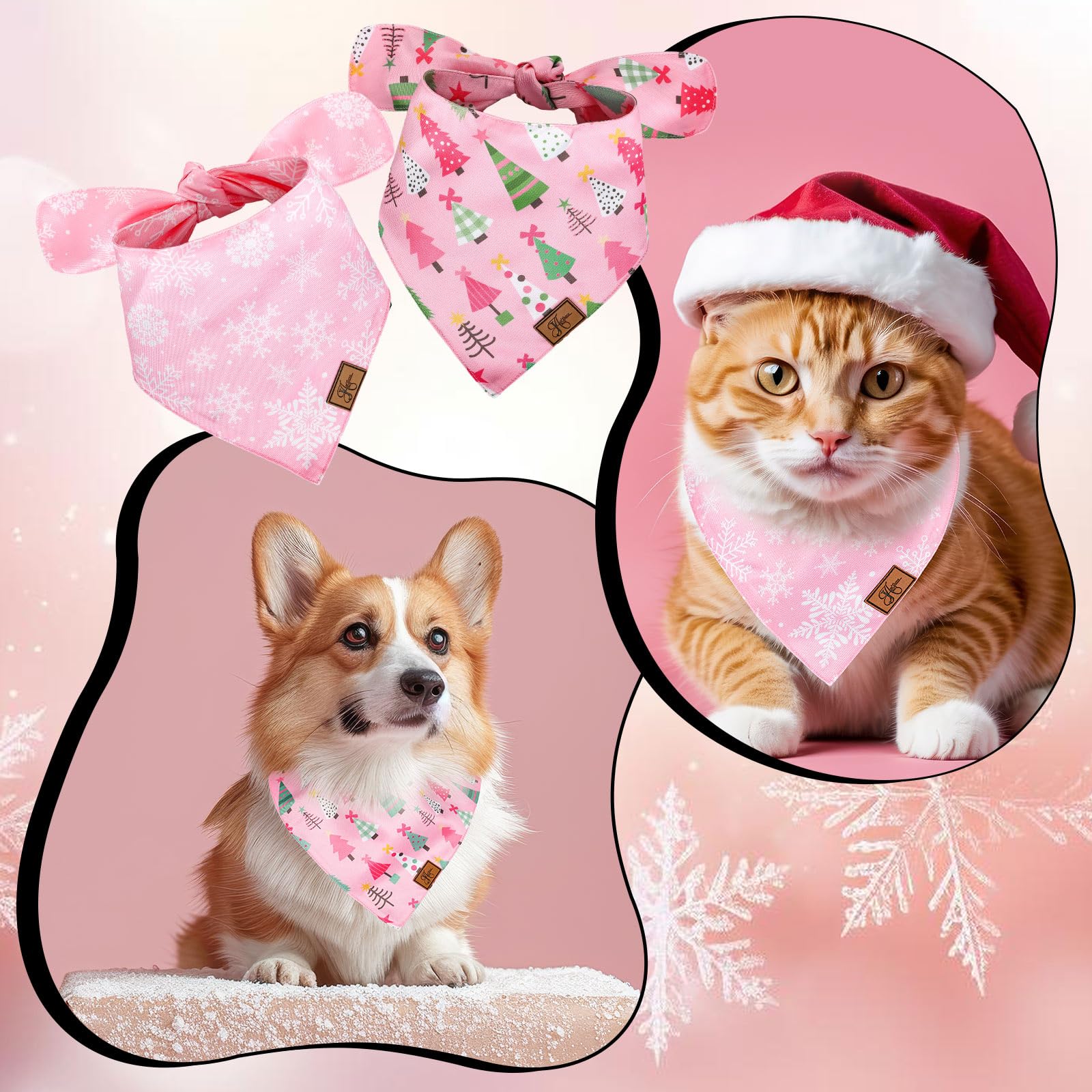 JarThenaAMCS Hundehalstuch, niedlicher Weihnachtsbaum, Schneeflocken-Druck, Stoff, mittlere Größen, verstellbar, Haustier-Halstuch, Hunde-Lätzchen für Kostüm-Zubehör, 2 Stück