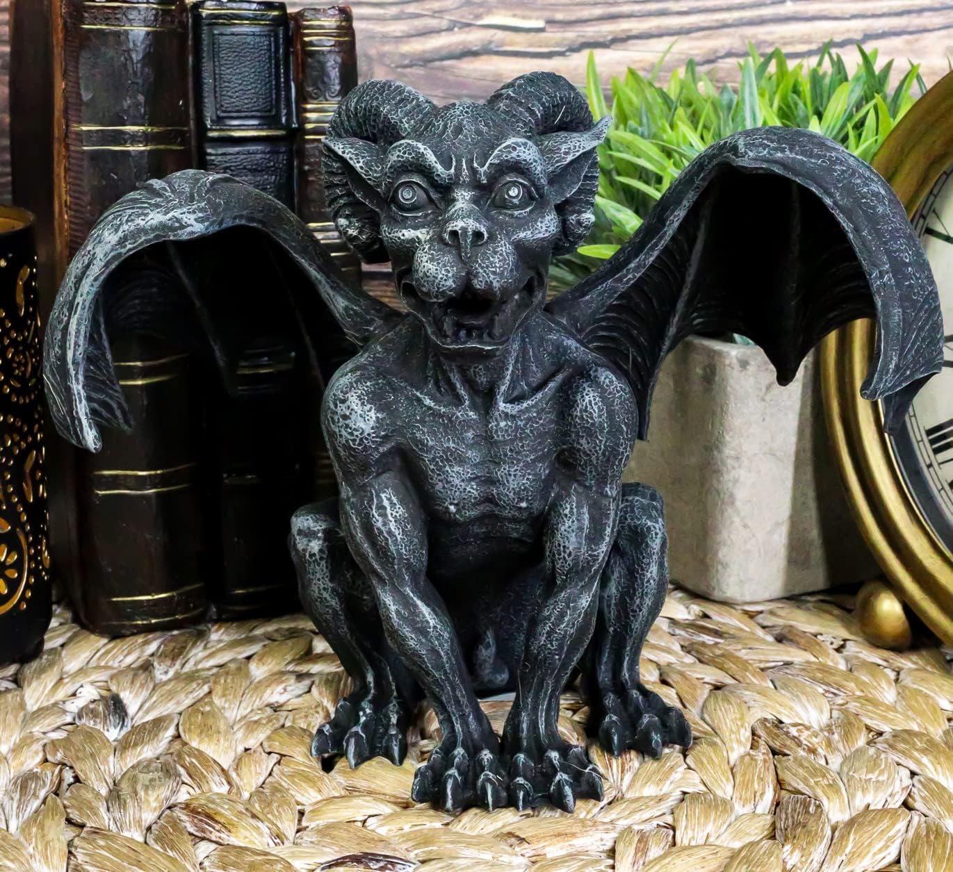 Ebros Gift Crouching Ram Horned Gargoyle Statue in Faux Stone Finish Resin 6.25" Tall Warden of Gothic Cathedral Castle Architecture Gargoyles Accent Figurine