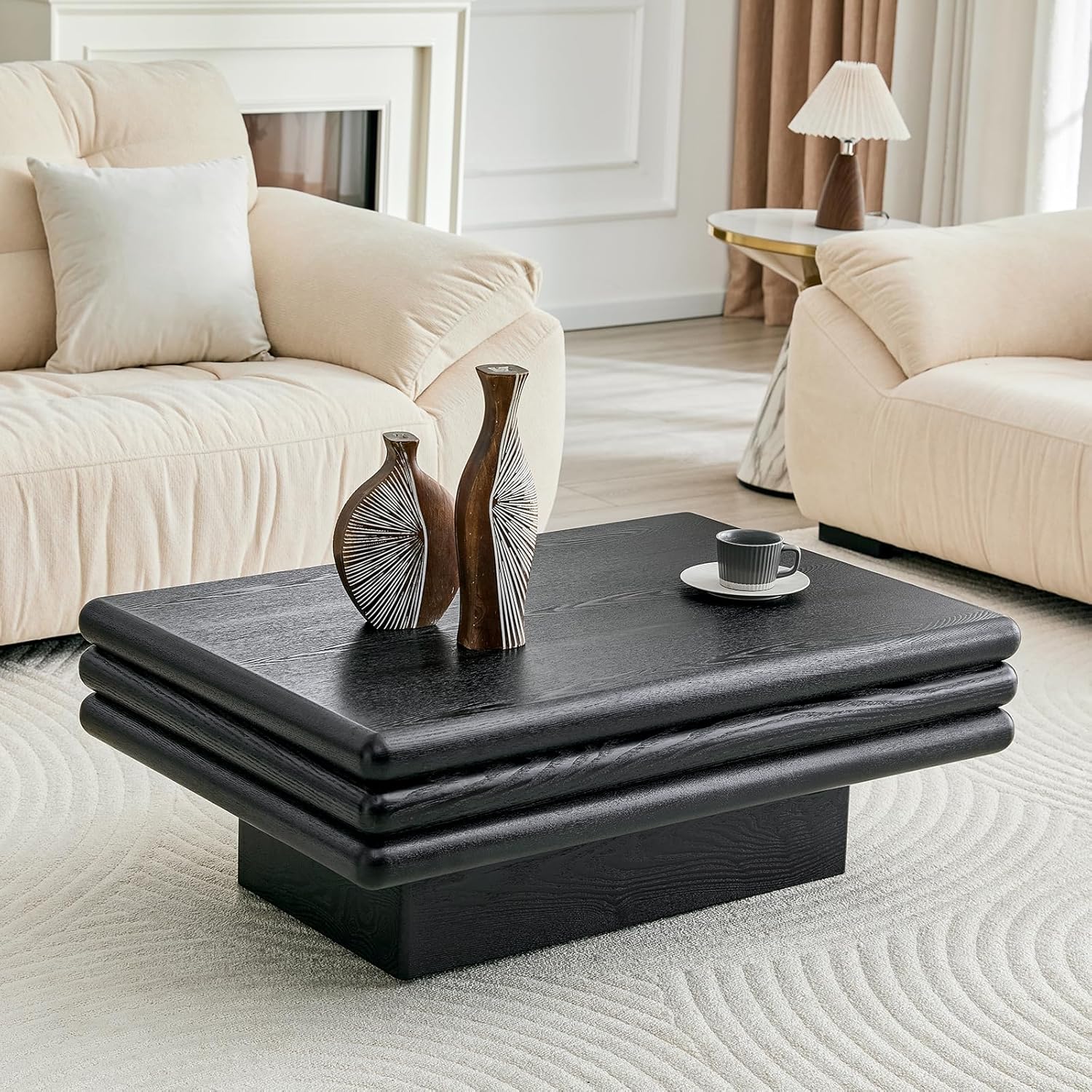 3-Tier Stacked Coffee Table for Living Room, Modern Rectangular Wood Coffee Table with Rounded Edges, Premium MDF with Real Wood Veneer, Low Profile Minimalist Center Table for Bedroom, Office