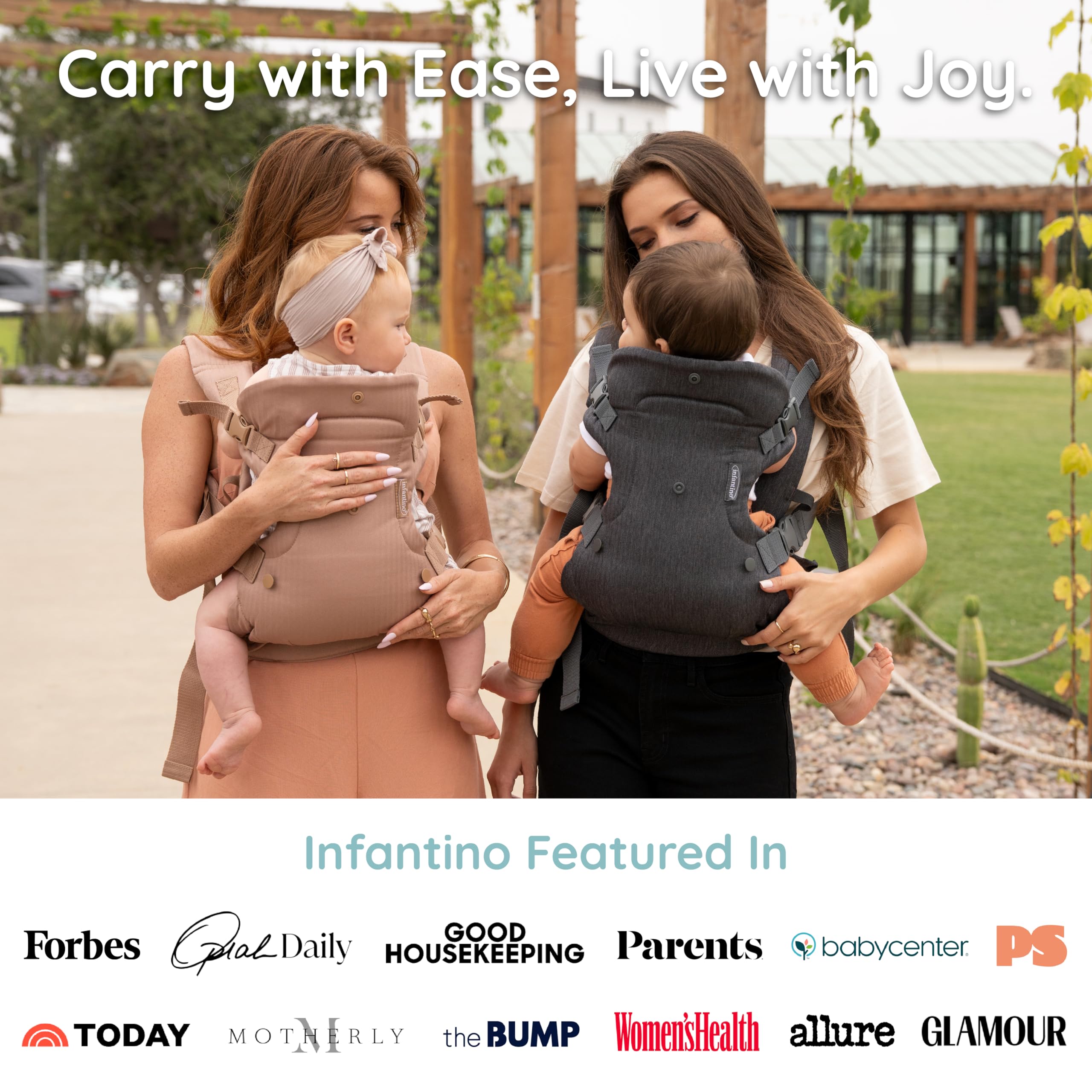 Infantino Flip Luxe 4-in-1 Babytrage, ergonomische Trage von Neugeborenen bis Kleinkind, verbesserte Lendenstütze, hochwertiger Fischgrätstoff, edle Details, freihändiger Komfort, 3,2–16 kg, Affogato